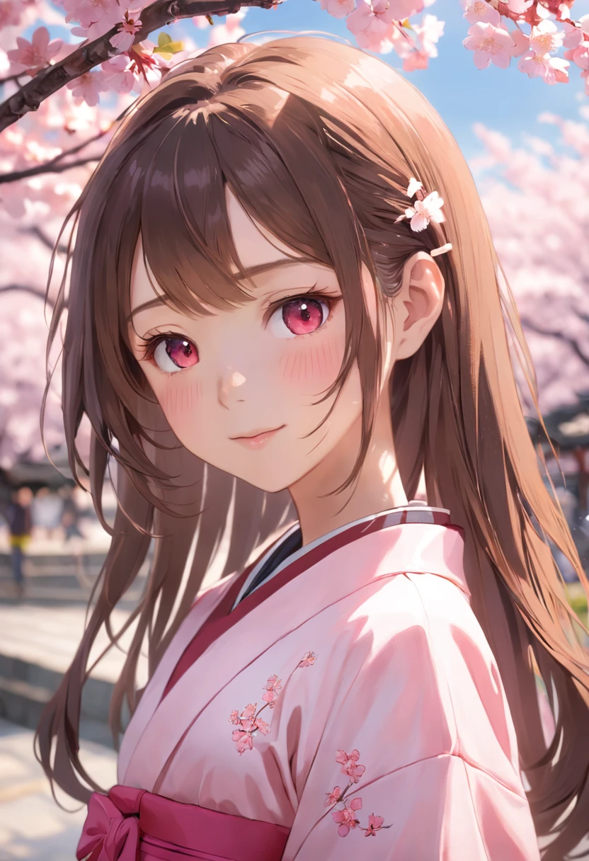 (Masterpiece, Daylight portrait:1.3), (A charming image of a Japanese teenager under cherry blossoms:1.2), (Sony A6400 camera, Known for its fast autofocus and detail preservation:1.2), (Paired with Sony E 50mm f/1.8 OSS lenses，Captures clear and detailed portraits:1.2), (Long, Smooth brunette hair is layered smoothly, intricately details:1.1), (Fine hair sparkles in the light:1.1), (The symmetrical face is decorated with professional makeup:1.1), (A delicate figure dressed in a traditional Japanese school uniform:1.1), (Shiny hair catches the sun，Rejuvenate:1.1), (A charming smile exudes real warmth:1.1), (The vibrant cherry blossoms outline the tranquil scene:1.1), (Peaceful park setting, Vibrant with spring colors:1.1), (The camera's sensors capture the meticulous intricacies of her facial features and dress:1.1), (The camera focuses on her smile, Capture its natural charm:1.1), (Instantly frozen in time, Embodies the beauty of youth and nature:1.1), (A harmonious blend of cultural elegance and joyful authenticity:1.1), (A portrait that captures true happiness under the cherry blossoms:1.1)