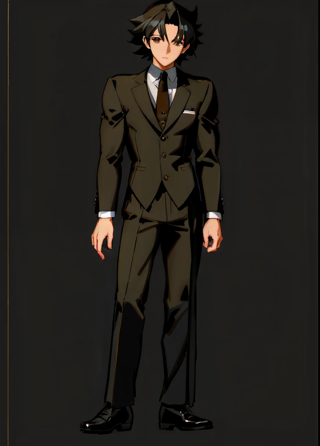 black-haired anime character, brown eyes, delgado, vestido con traje y corbata con corbata, !!Retrato de cuerpo entero!!, single character full body, Cuerpo completo con disfraz, cuerpo completo!, Imagen de cuerpo entero, con un traje noble negro, Retrato de cuerpo entero, Alejado del cuerpo completo, full body single character, Retrato de cuerpo entero de un corto!, solo personaje, sin fondo, redibujo