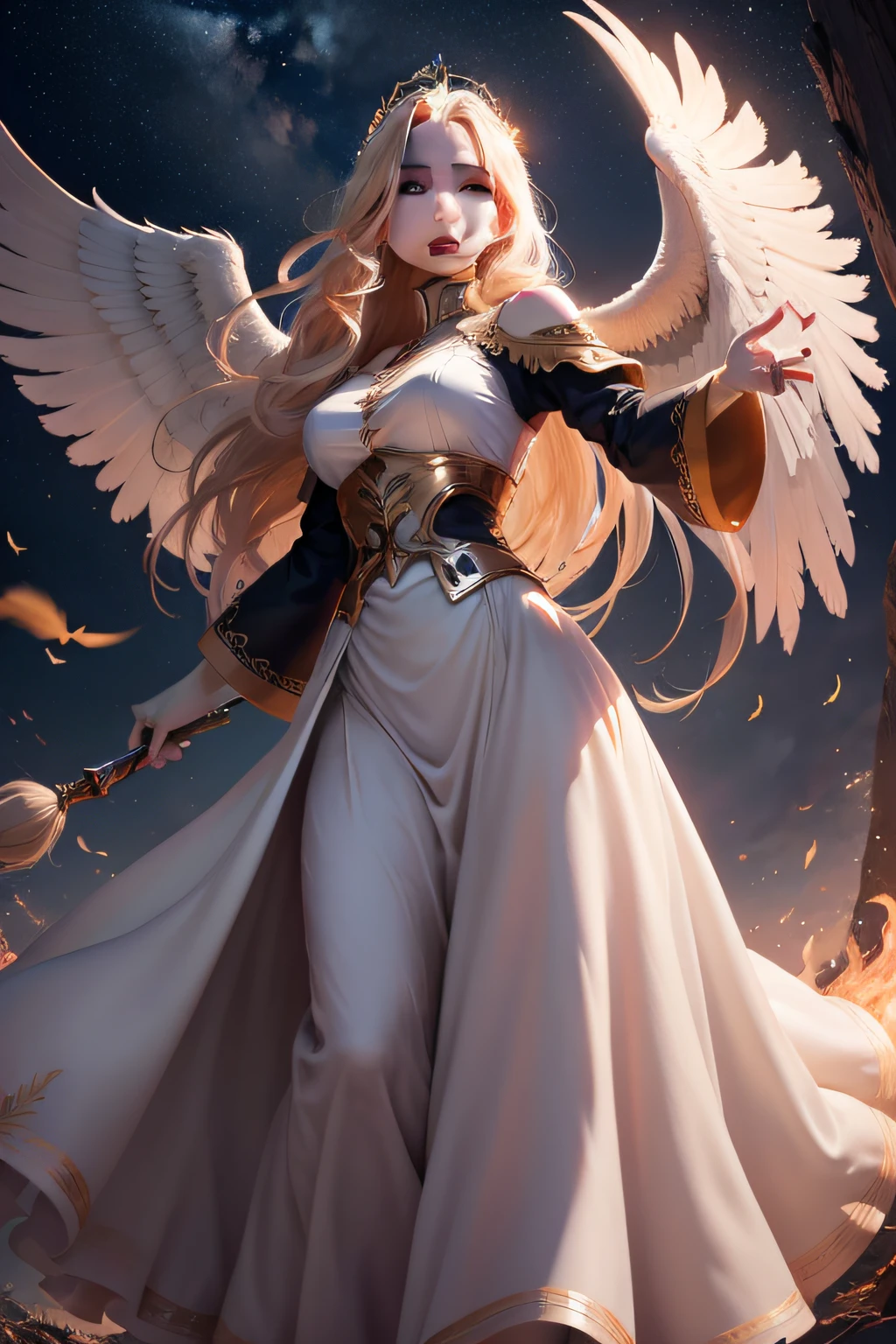 (8K, Ultra HD, extremely detailed) Full shot of beautiful woman with waist length blonde hair. Crown. Pale skin. Full clothes. Long skirt. Night sky. Majestic. Phoenix birds flying.