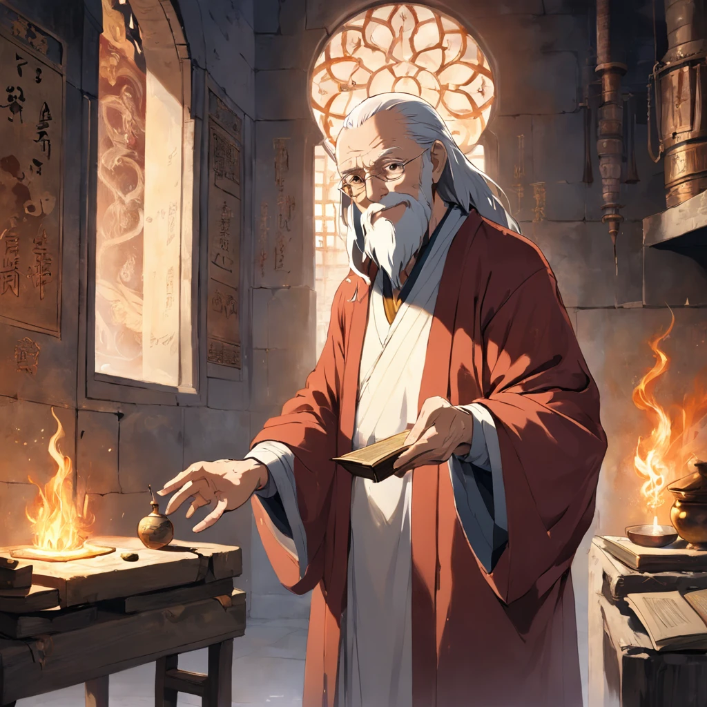 In an ancient palace, an old man with a book on alchemy is instructing a young person on how to practice the art. The young person is dressed in a simple robe and standing beside the old man. The old man has a mysterious smile on his face, and there is a faint scent of medicinal herbs in the air. On the wall hangs an ancient alchemy painting, depicting a immortal holding a furnace used for alchemy.
