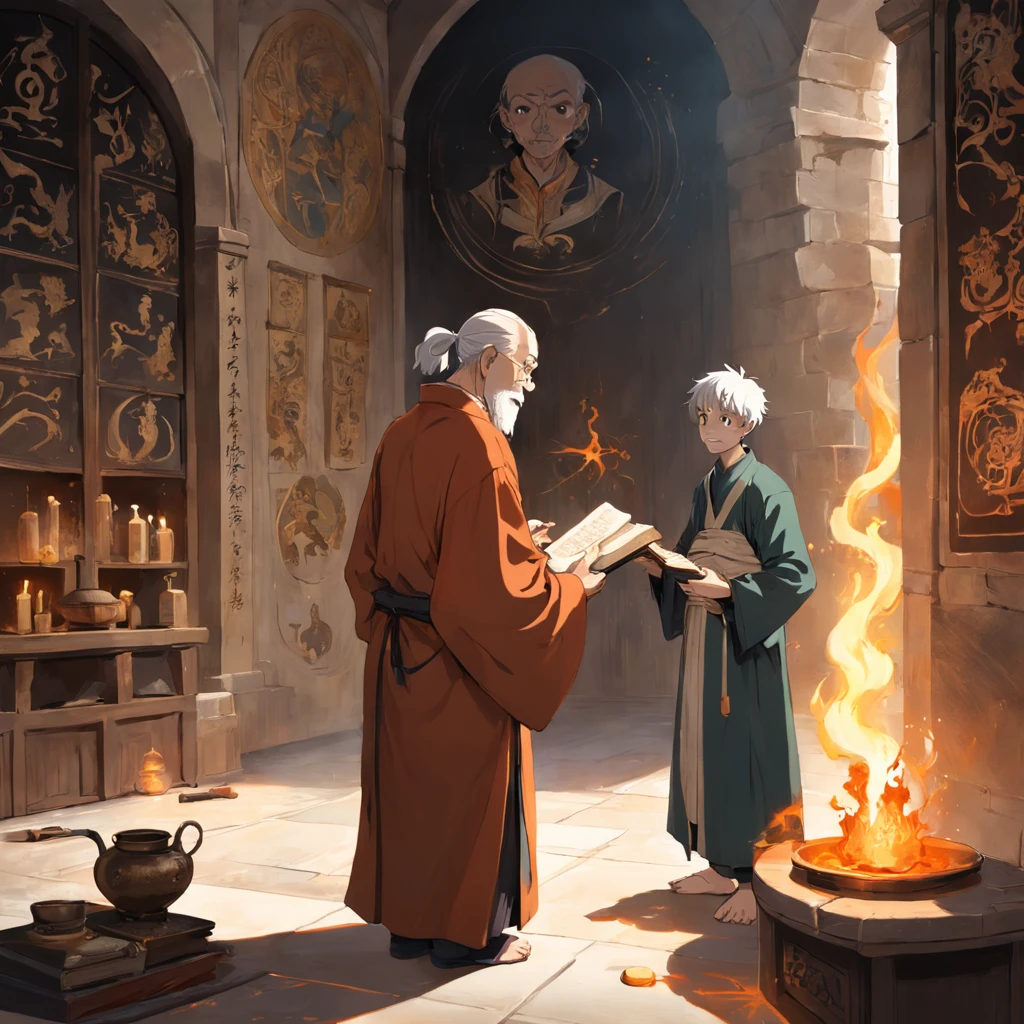 In an ancient palace, an old man with a book on alchemy is instructing a young person on how to practice the art. The young person is dressed in a simple robe and standing beside the old man. The old man has a mysterious smile on his face, and there is a faint scent of medicinal herbs in the air. On the wall hangs an ancient alchemy painting, depicting a immortal holding a furnace used for alchemy.