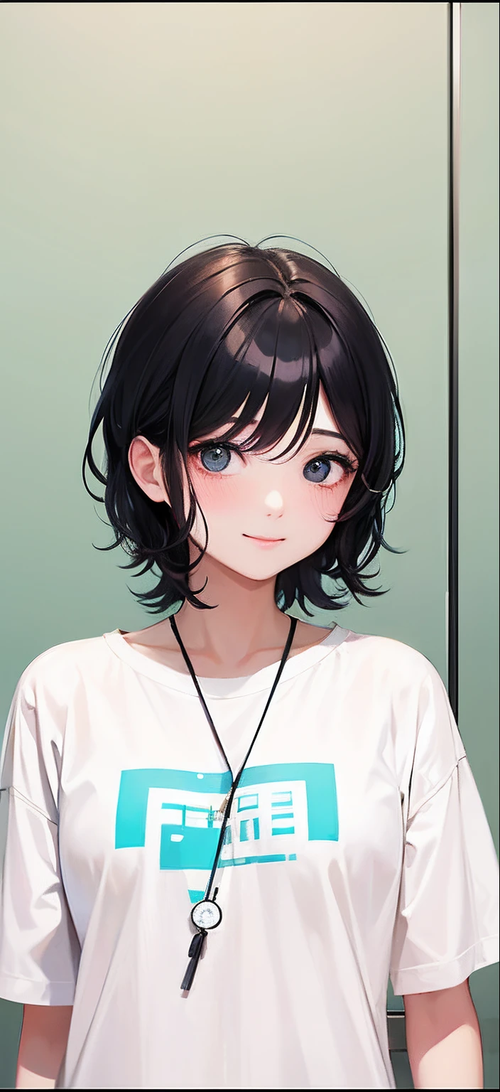 cartoony，stickfigure，adolable，Simple makeup，clean backdrop，T-shirt，black color hair，largeeyes，ssmile，with a round face，short and wavy hair，in her 20s，Kizi。