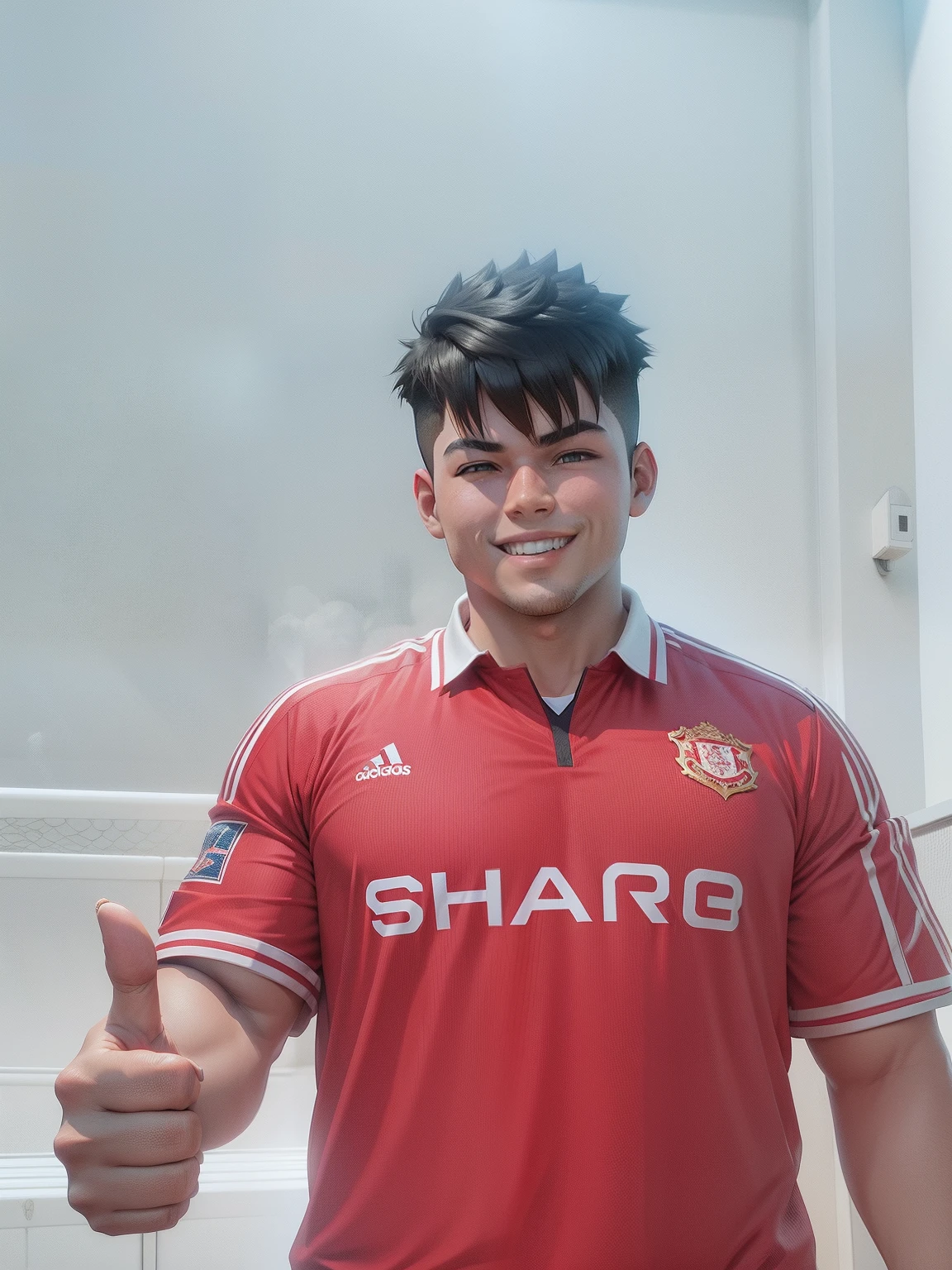 A boy, anime character 3d, 18k, high quality, red soccer shirt, smile, fat body, thumbs up like