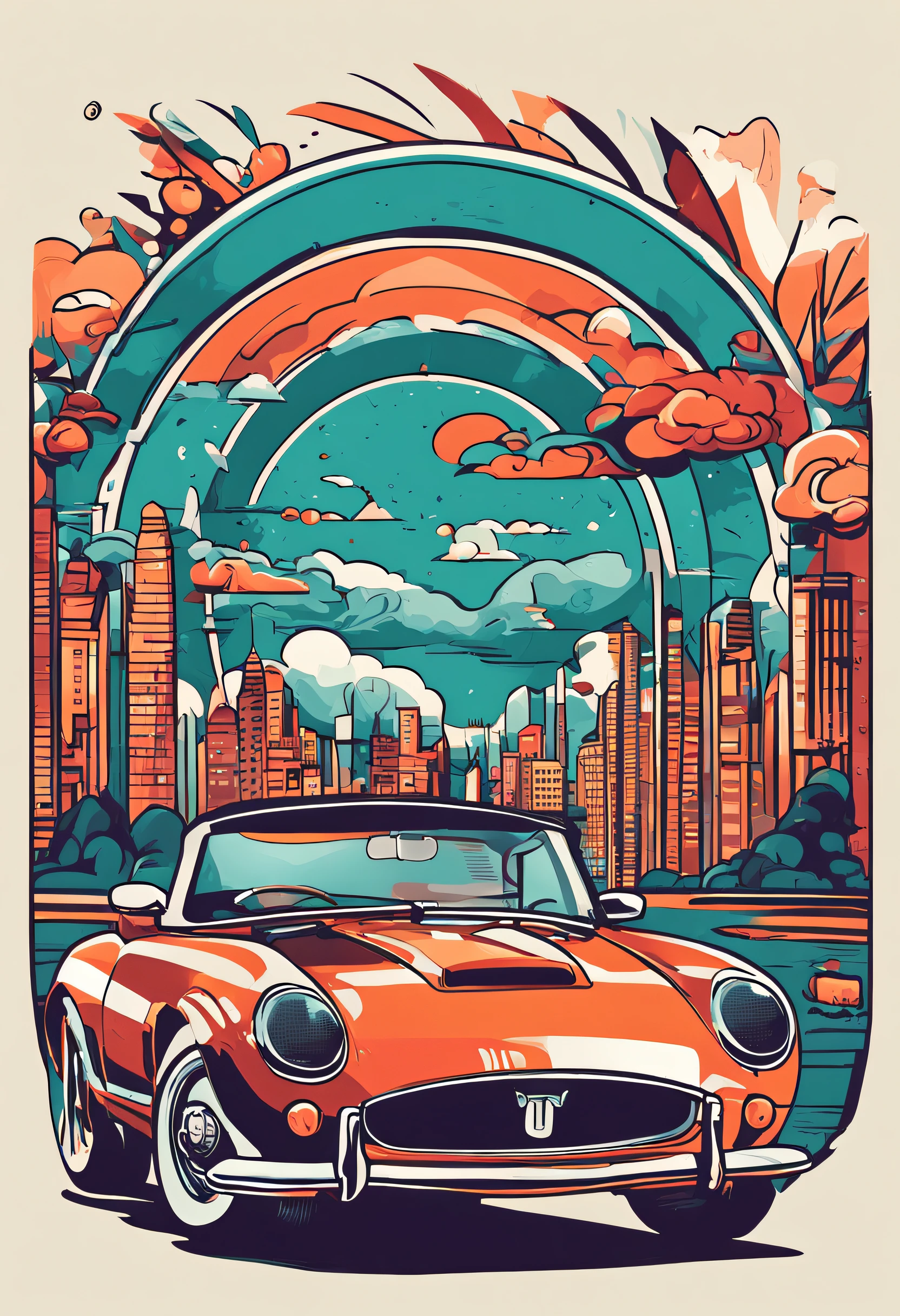 artwork of t-shirt graphic design, flat design of one retro vintage, jaguar, colorful shades, highly detailed clean, vector image, photorealistic masterpiece, professional photography, realistic bus, simple sunrise backdrop for car, flat white background, isometric, vibrant vector, white blackground