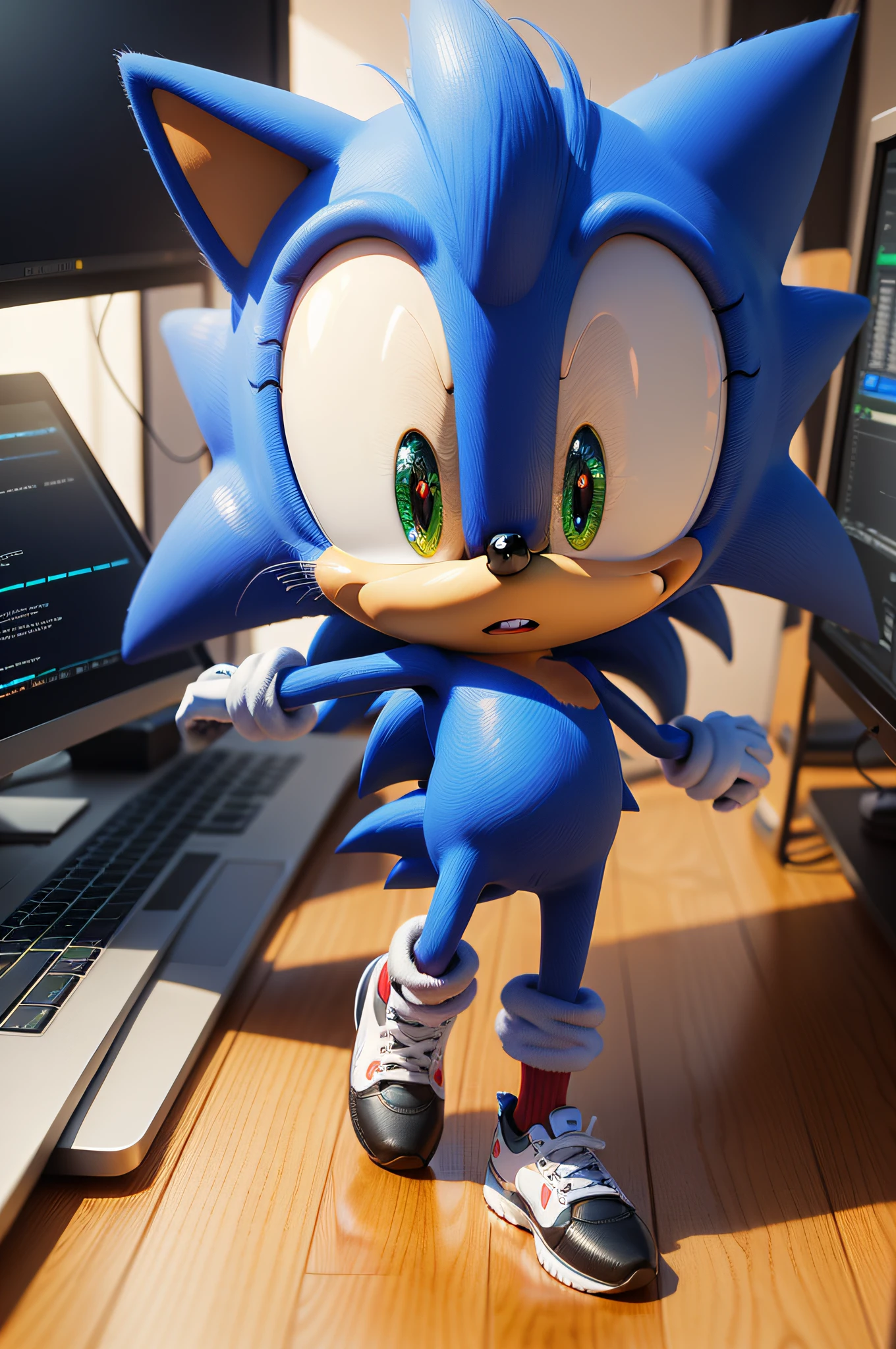 obra-prima, qualidade superior, arte digital detalhada, Sonic usando um computador para criar arte digital.