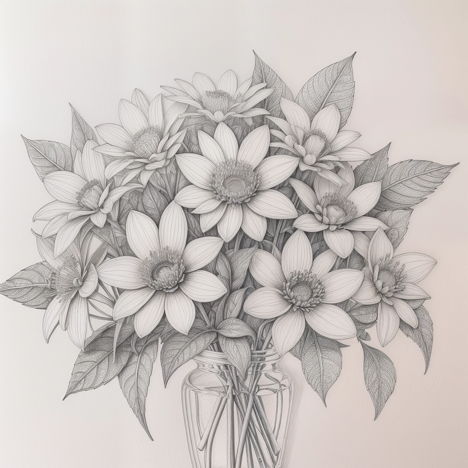 Coloring A bouquet made of leaves and flowers tied with ribbons....., Draw black and white lines. Draw a 3D line, pale, no background, Shadowless, 8K high-detail lines, 8K highly detailed lines, Highly detailed drawings, In Gouache detailed drawings, Gouache illustration. Matt, Highly detailed drawings, Realistic detailed drawings, Realistic detailed drawings, Made from leaves, Detailed gouache drawings, Figure 2 of gouache, Highly detailed drawings