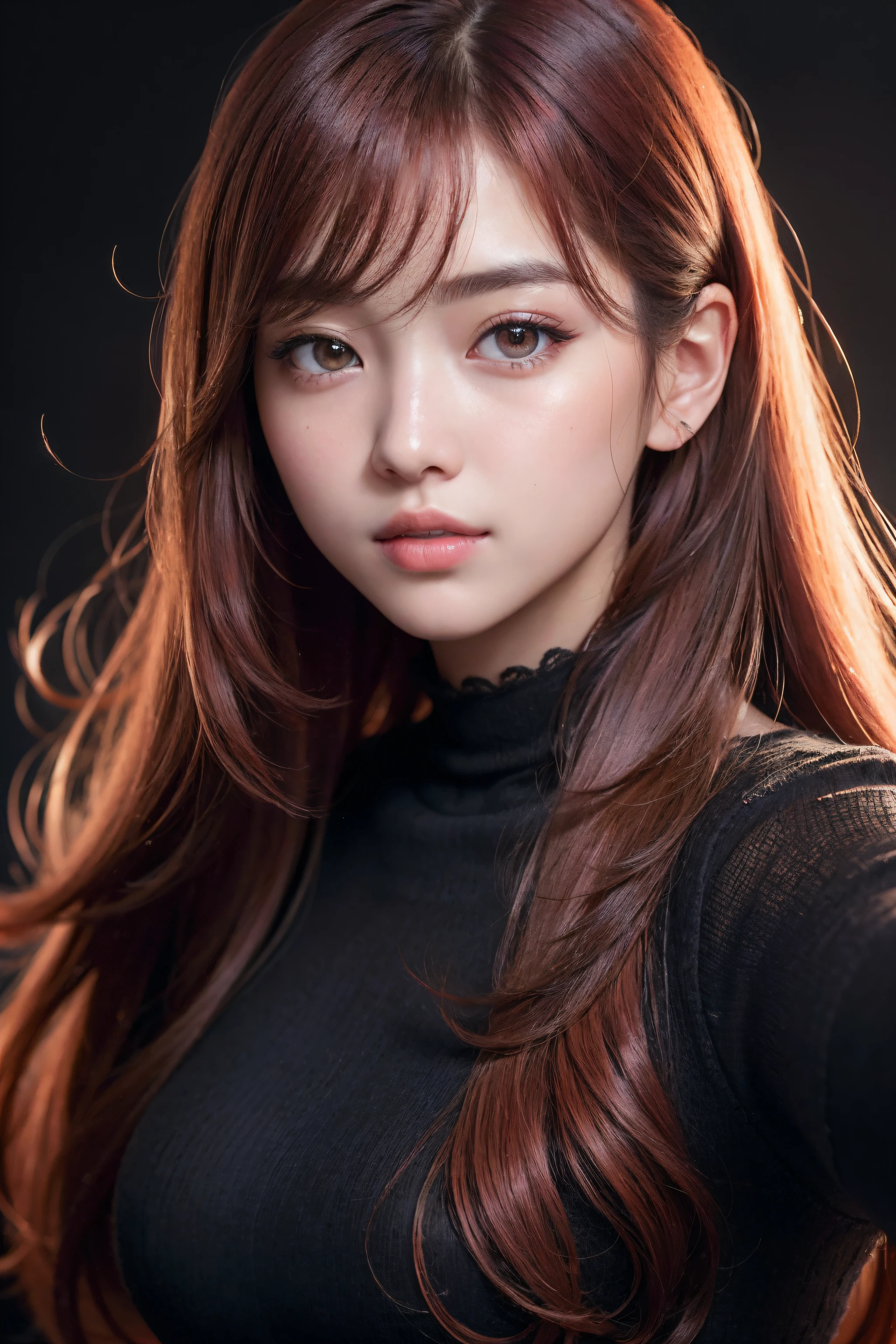 absurdres, 1girl, star eye, blush, (realistic:1.5), (masterpiece, Extremely detailed CG unity 8k wallpaper, best quality, highres:1.2), (ultra_detailed, UHD:1.2), (pixiv:1.3), perfect illumination, distinct, (bishoujo:1.2), looking at viewer, unreal engine, sidelighting, perfect face, detailed face, beautiful eyes, pretty face, (bright skin:1.3), idol, (abs), ulzzang-6500-v1.1, soft smile, upper body, (dark red hair), (simple background), ((dark background)), (depth of field), close-up, selfie