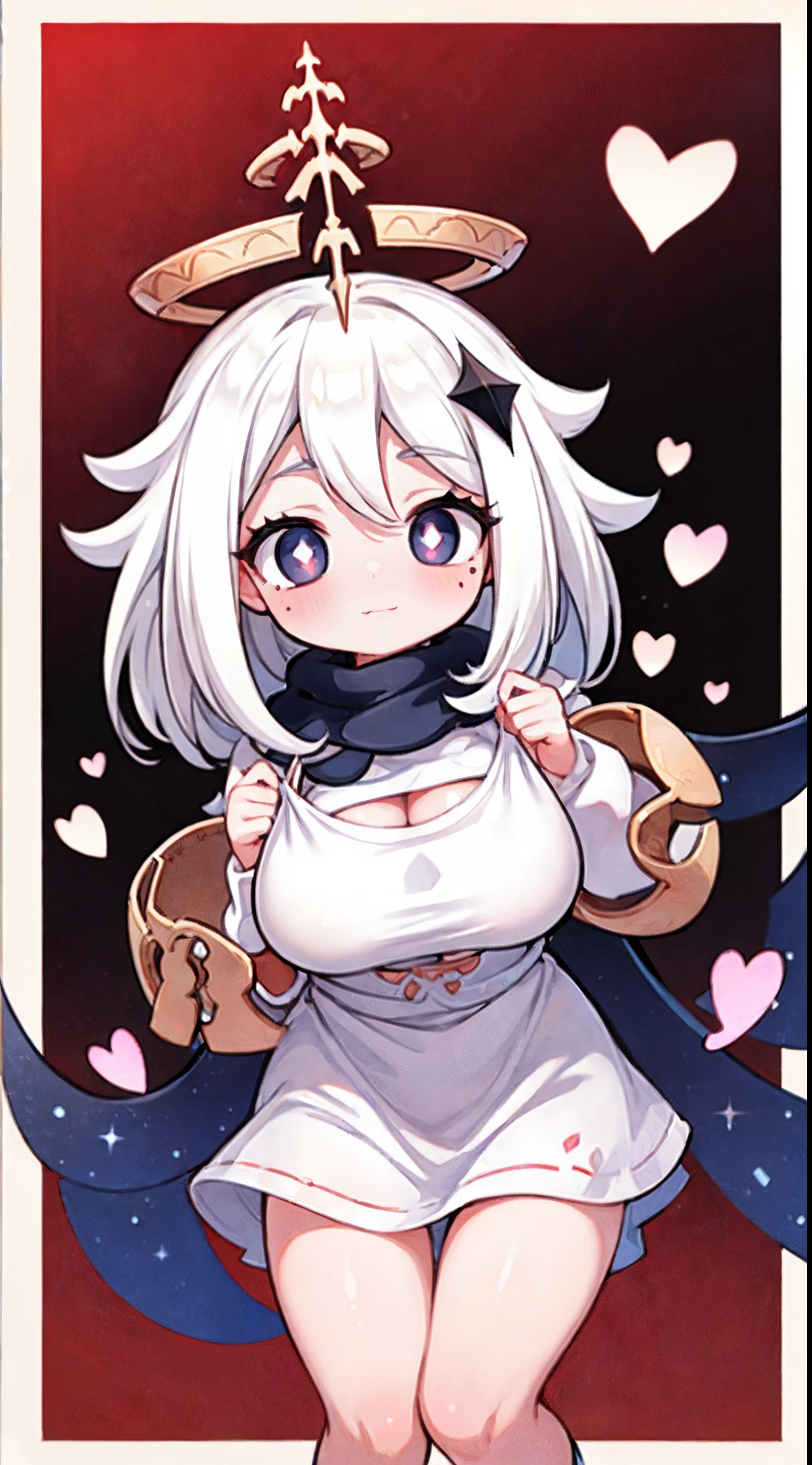 paimon ,(A white border around a dark red rectangular background:2.5),aprons,huge tit,Exposing the abdomen,High detail,Moles under eyes, Heart-shaped pupils,Love pupils,Lots of hearts,Fleshy thighs,highly rendered,detailed face with
