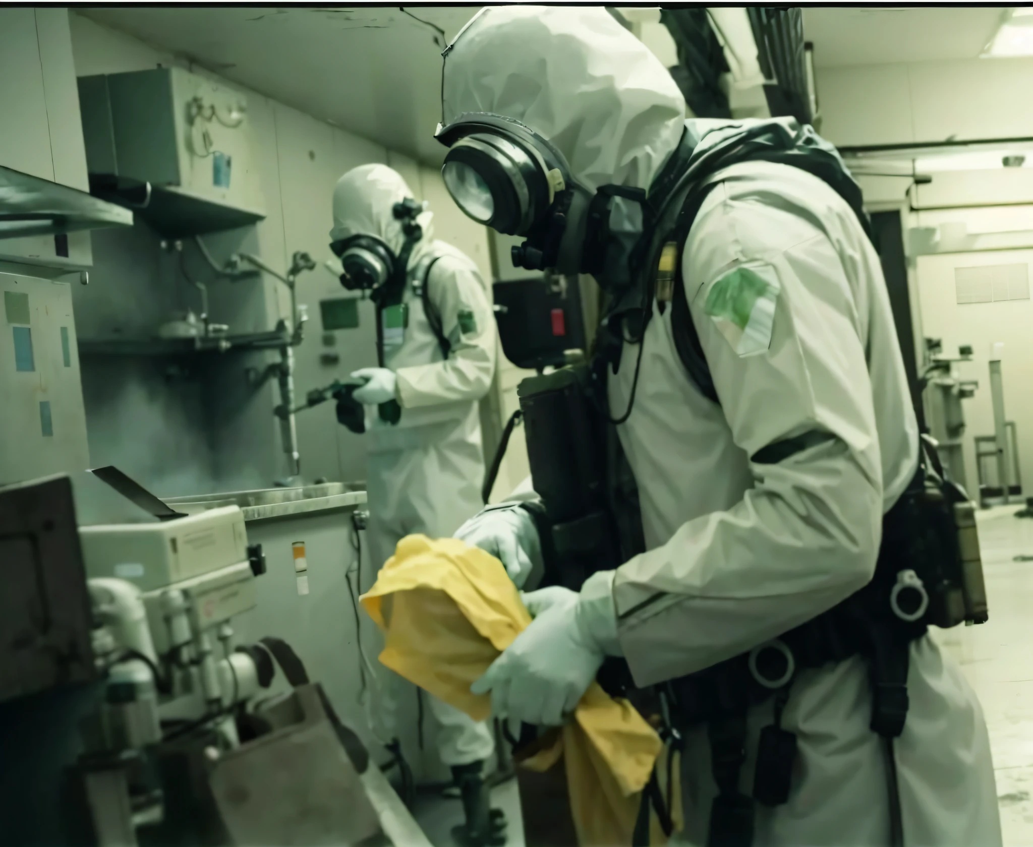 In a laboratory were two people wearing white chemical protection suits and gas masks, hazmat suits, staff wearing hazmat suits, one single man in a hazmat suit, 4k，Resident Evil, russian lab experiment, Dirty lab,   Cinematic, hazmat, working inside reactor room