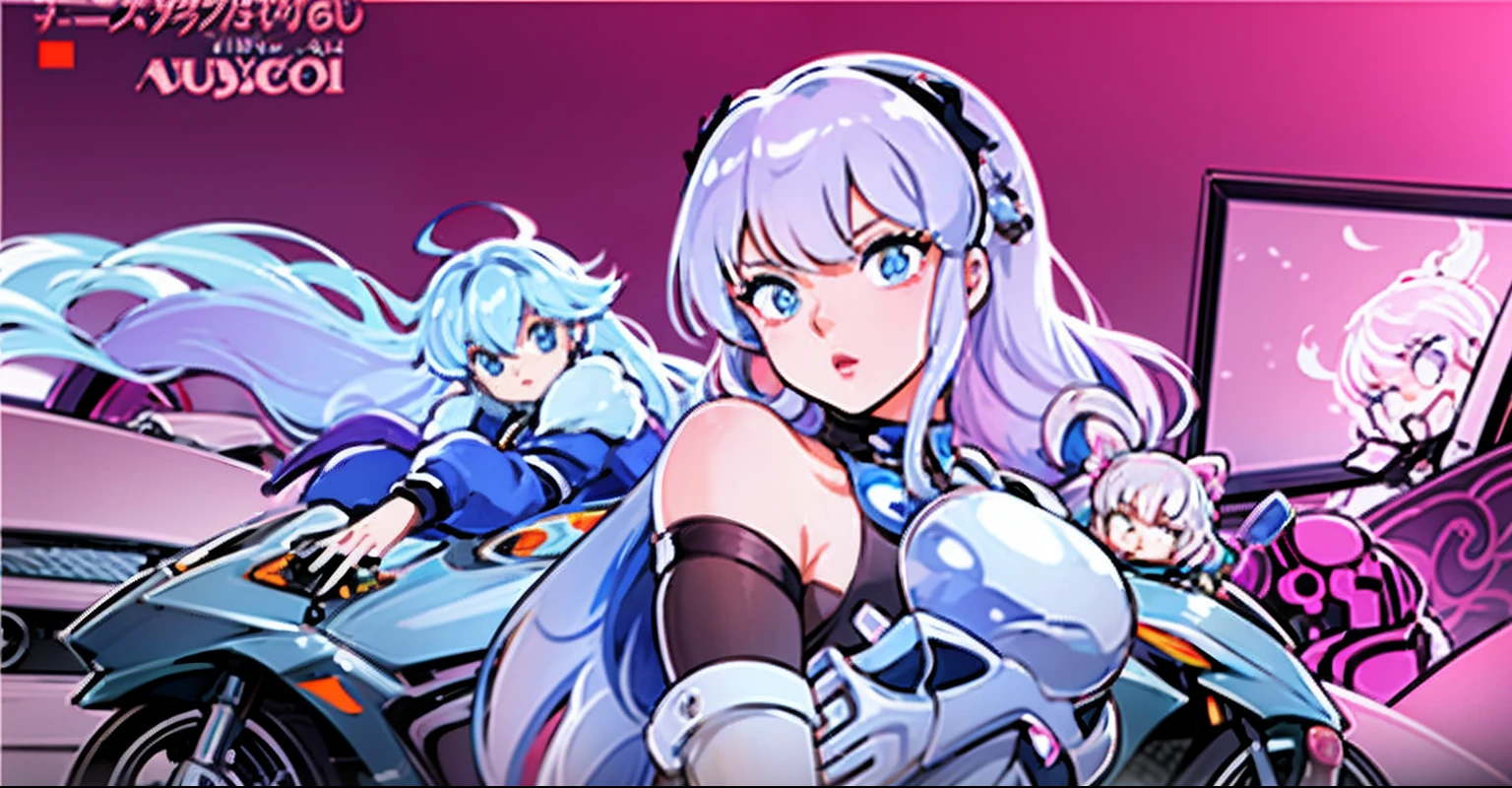 Blonde woman with white hair sitting on a blue motorcycle in pink room, anime style mixed with fujifilm, sonyoonjoo, Amy Sol in style, still from a music video, 2 b, 2b, iu lee ji-eun as a super villain, e-girl, e - girl, lalisa manobal, portrait a woman like reol