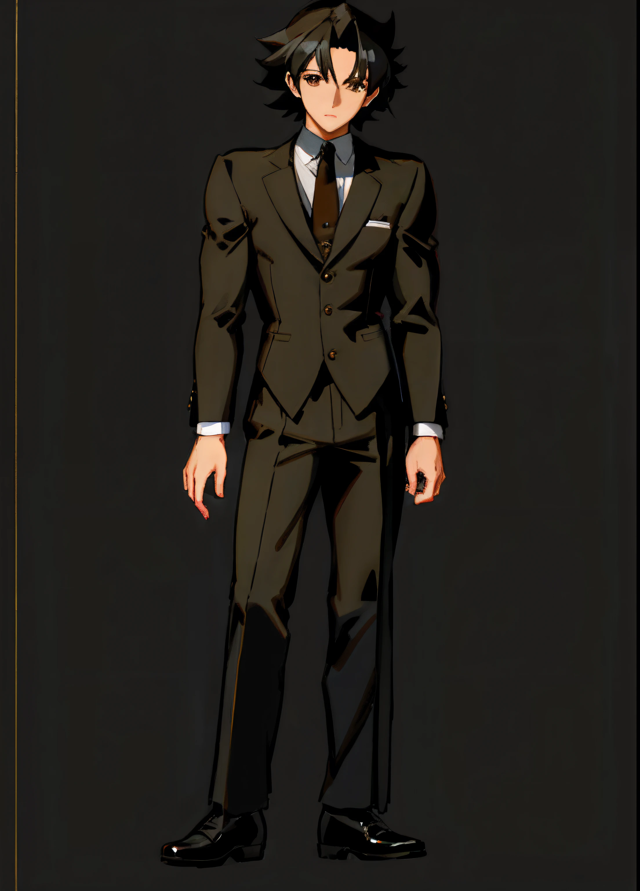 black-haired anime character, brown eyes, delgado, vestido con traje y corbata con corbata, !!Retrato de cuerpo entero!!, single character full body, Cuerpo completo con disfraz, cuerpo completo!, Imagen de cuerpo entero, con un traje noble negro, Retrato de cuerpo entero, Alejado del cuerpo completo, full body single character, Retrato de cuerpo entero de un corto!, solo personaje, sin fondo, redibujo