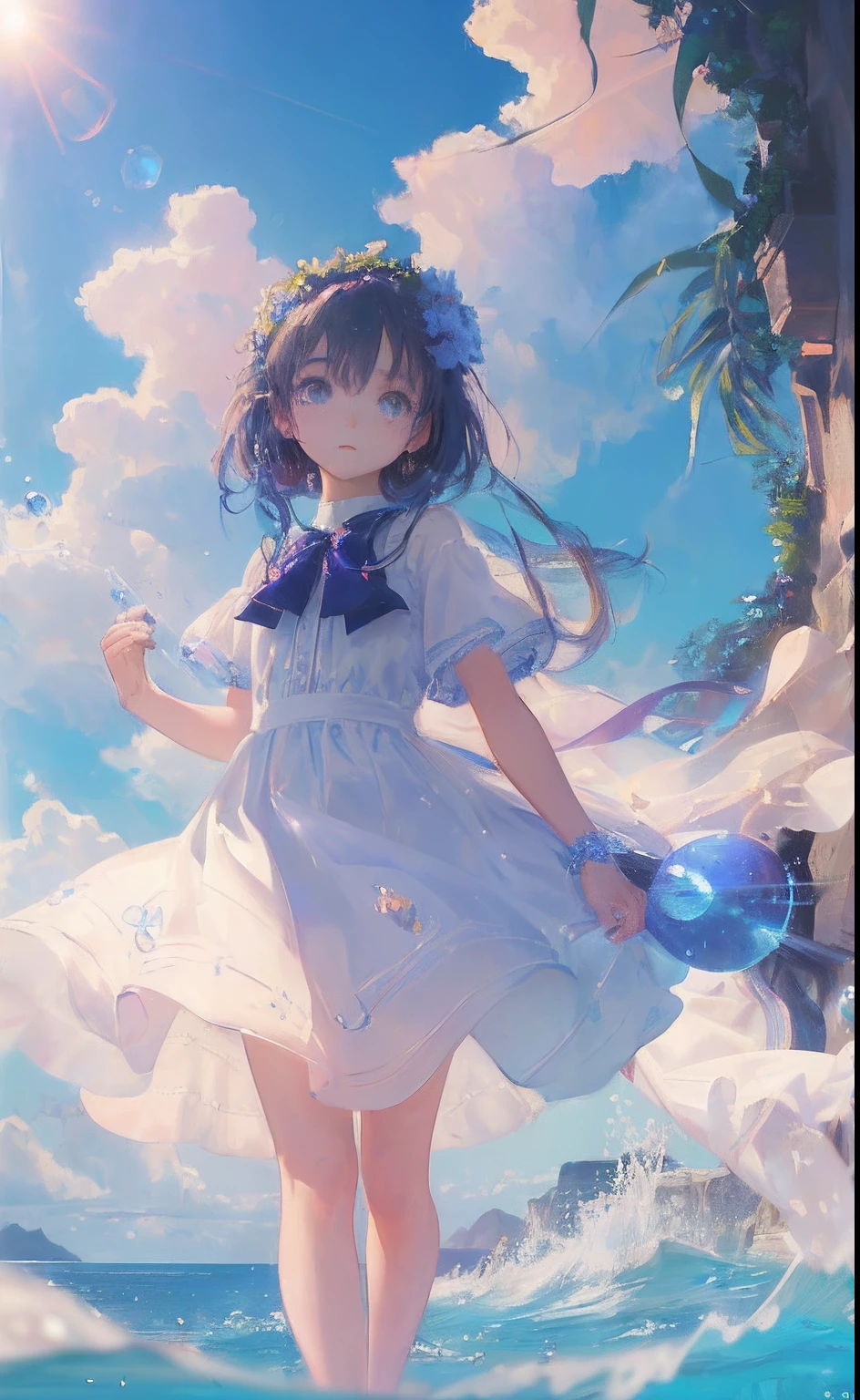 art by Cornflower, dready (A petite girl with beautiful detailed eyes. The depth of field in the photo is perfect and the lens flare adds a nice touch. The fine details on her face really stand out, score because of this photo Definitely greater than 10. In the background, there is a beautiful ocean with clear water and water droplets on the surface