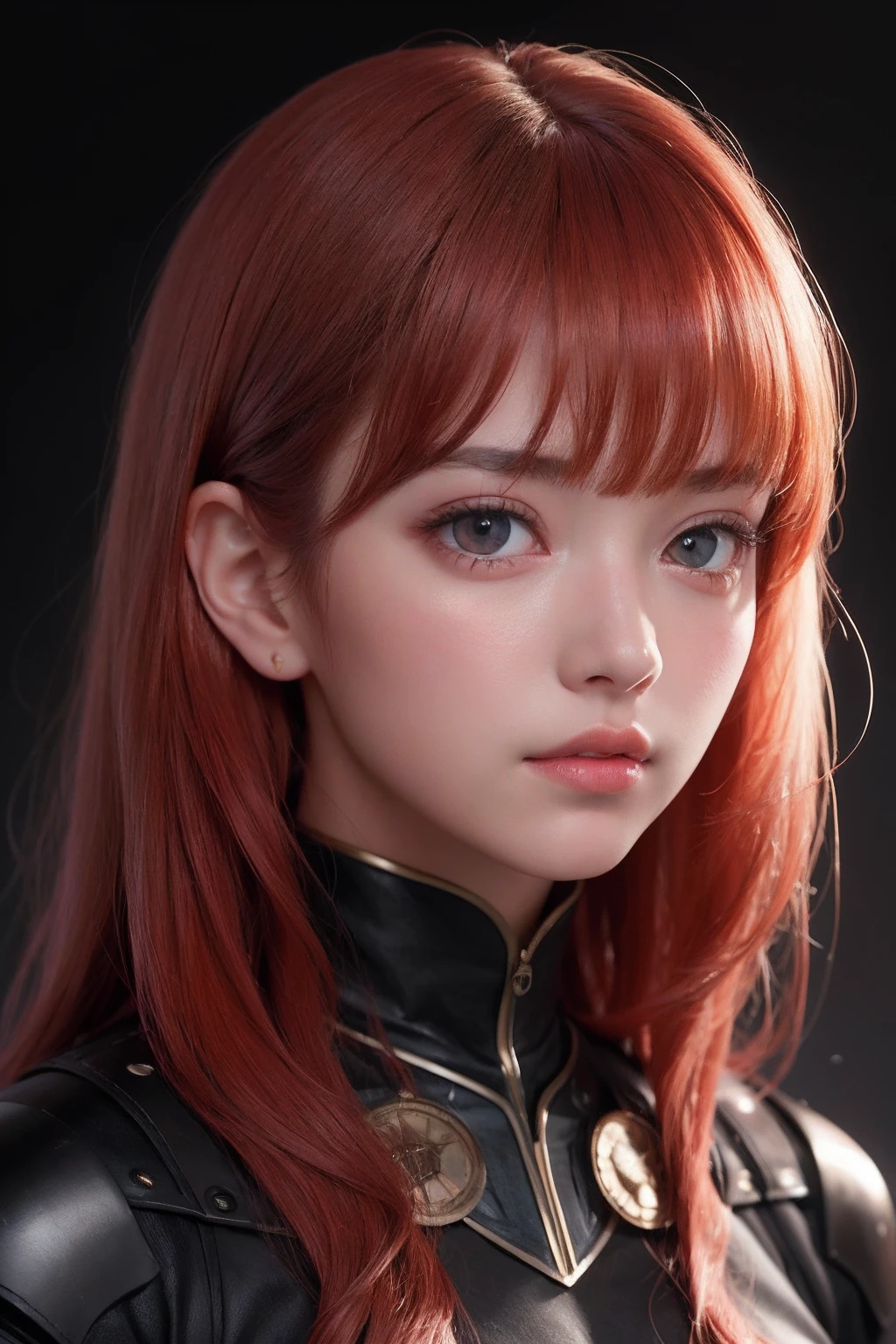 1girll, star eye, Blush, lighting perfect, Red hair, Red eyes, illusory engine, side-lighting, Detailed face, bangs, Bright Skin, Simple background, Dark background,