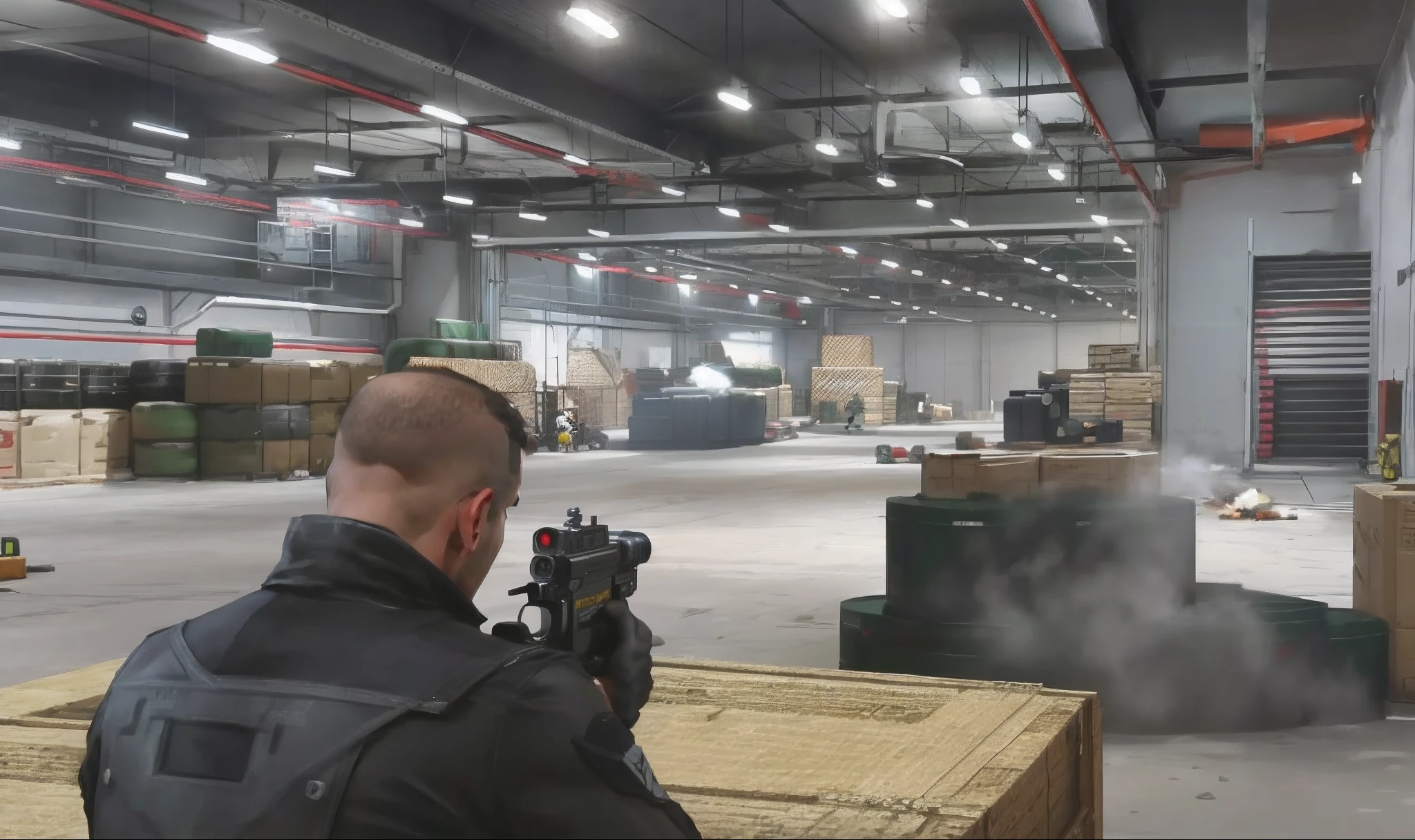 arafed man in a warehouse with a gun and a gun, gta v gameplay screenshot, video game screenshot>, gameplay footage, in - game footage, in-game footage, video game screenshot, firing it into a building, 2020 video game screenshot, screenshot from gta v, 3rd person shooter, squad fighting enemy, screenshot from game