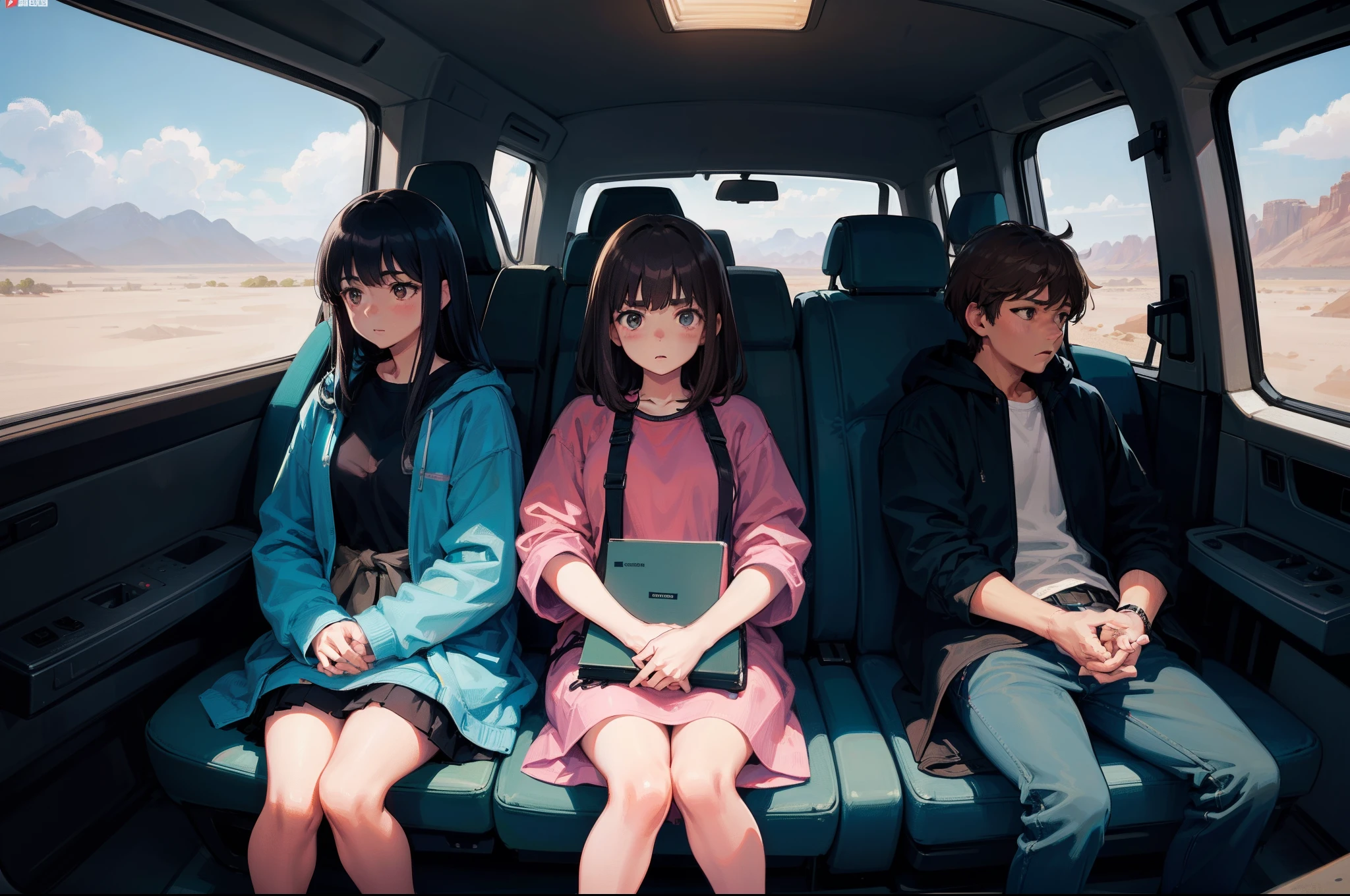 Three people,Brown hair middle-aged woman,Brown-haired middle-aged male,Blue-haired girl,Sit in the car,The background is desert,Dark Department,No living things,There are no greenery,4K poster style。