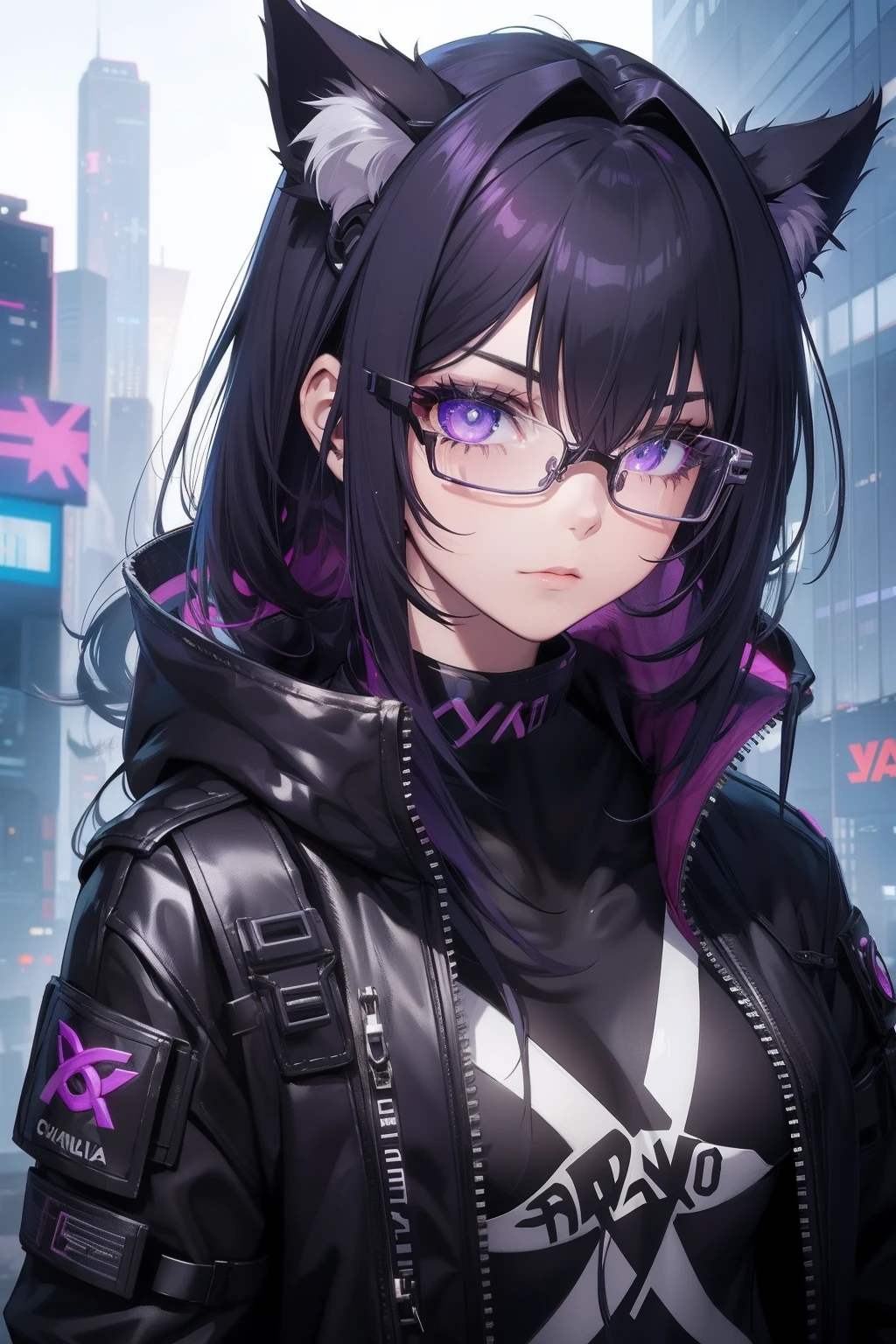 Cyberpunk roxo gamer, with glasseswith cat ears, olhos roxos brilhando, Cabelo tamanho medio preto Chanel com pontas roxa