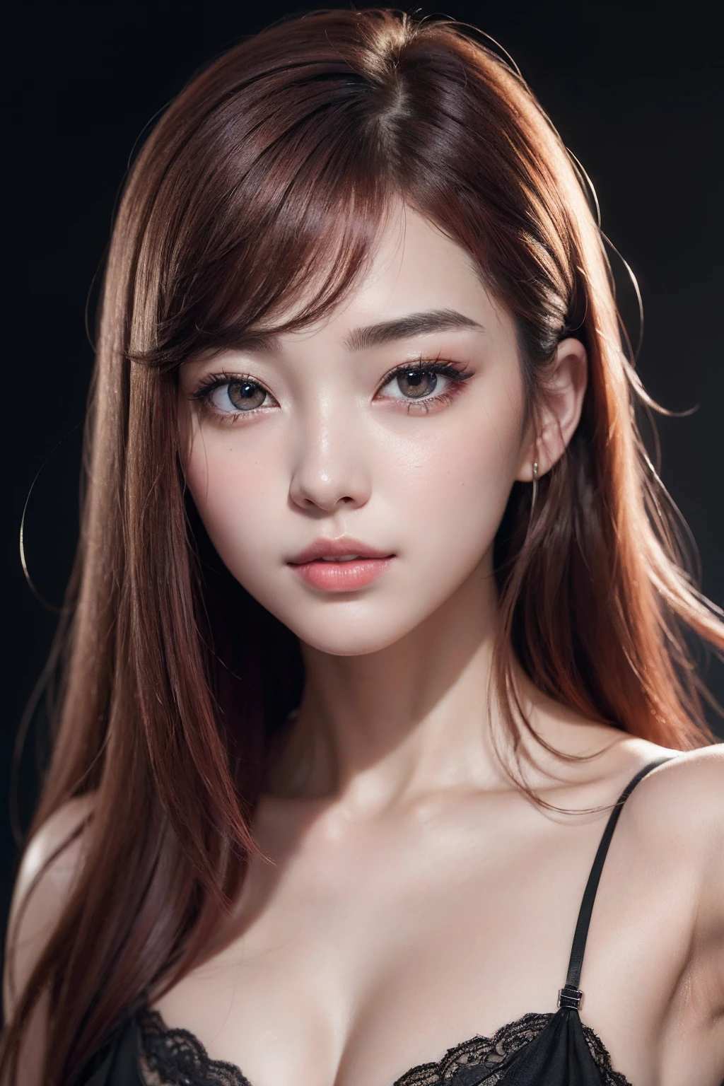 absurdres, 1girl, star eye, blush, (realistic:1.5), (masterpiece, Extremely detailed CG unity 8k wallpaper, best quality, highres:1.2), (ultra_detailed, UHD:1.2), (pixiv:1.3), perfect illumination, distinct, (bishoujo:1.2), looking at viewer, unreal engine, sidelighting, perfect face, detailed face, beautiful eyes, pretty face, (bright skin:1.3), idol, (abs), ulzzang-6500-v1.1, soft smile, upper body, (dark red hair), (simple background), ((dark background)), (depth of field), close-up, selfie