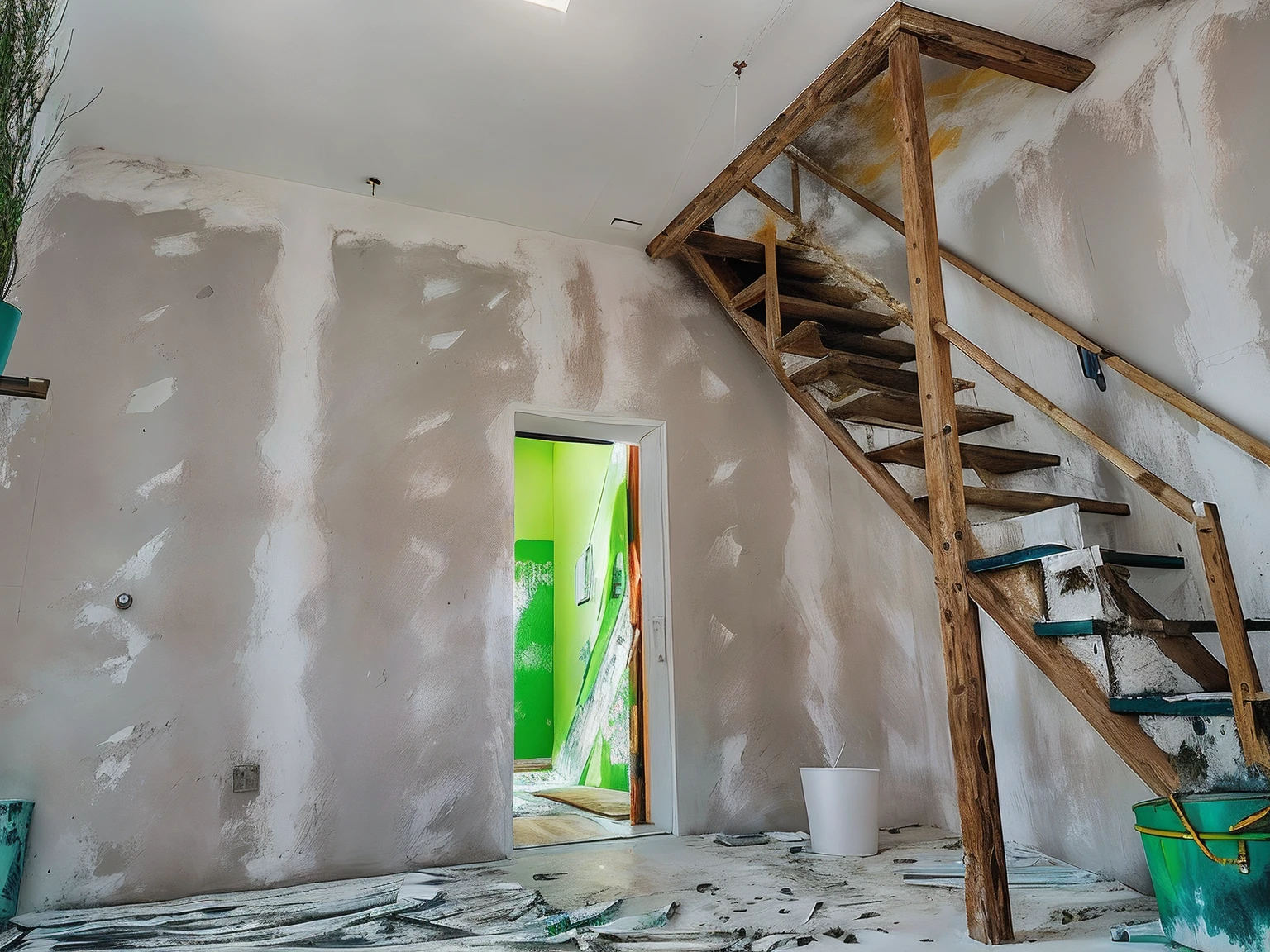 Staircase in a room with a wall and a bucket of paint, The walls are made of dry wall, Interior de la casa, yeso, interior, paredes de estuco, Vista interior, fondo interior, escaleras a un piso superior, escaleras al segundo piso, Interior del edificio, Dentro del edificio, inside room, Pared blanca interior, Inside the white room, techo alto, Drywall, placa de yeso, Blanco