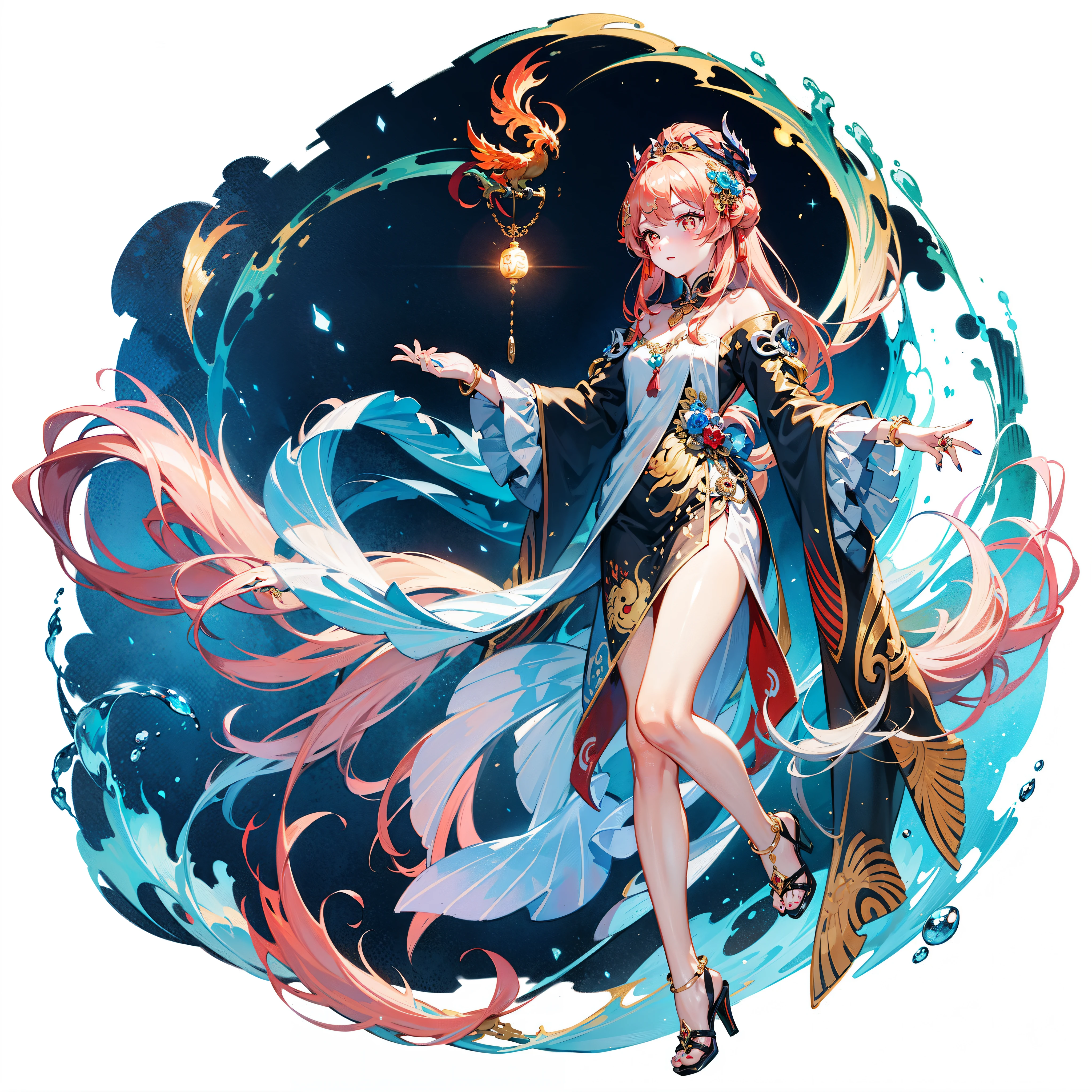 The female emperor Chinese style golden-red phoenix crown burgundy hair is white,Long eyelashes, golden red pupils, small nose, small ears, thin neck, blue-gold pendant around the neck, wearing gold as the main body, red embellishment, white outlined long skirt, ten fingers, slender ring finger, light red diamond ring, feet wearing high heels