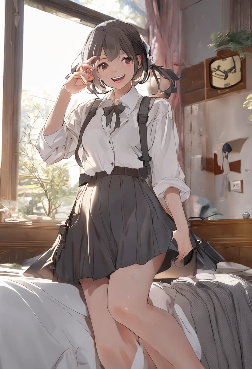 (8K、RAW photography、top-quality、tmasterpiece:1.2、hentail realism、Photorealsitic、hight contrast、フォトンマッピング、フォトンマッピング、Photorealsitic、ultra - detailed、profesional lighting、low angles:1.2)、(1 girl in)、(a beauty girl、独奏:1.5)、(full body Esbian)、(height of 165cm)、(18-year-old schoolgirl)、(Japan Shinjuku)、(Bedrooms can enjoy architectural views from the windows)、(Kneel on one knee on the bed、look at front,Open your crotch: 1.7)、(Unbutton all shirts、Take it off your shoulder.、Fluttering chest、Plump chest: 1.8)、(White-collar front button-down shirt:1.4)、 (Short plaid skirt:1.2)、(Skirt flipping up、MCharacter opening leg、100度開脚、Crotch open:1.4)、(Visible pink bra、Pink panties visible: 1.7)、(light brown medium hair)、(Camel Tou)、(beauitful face:1.7)、(perfectly proportions:1.2)、(Long feet:1.2)、(Panties visible from under skirt:1.5)、(Perfectly shaped fingers、beatiful hands: 1.7)、(Textured skin)、(softl smile: 1.3)