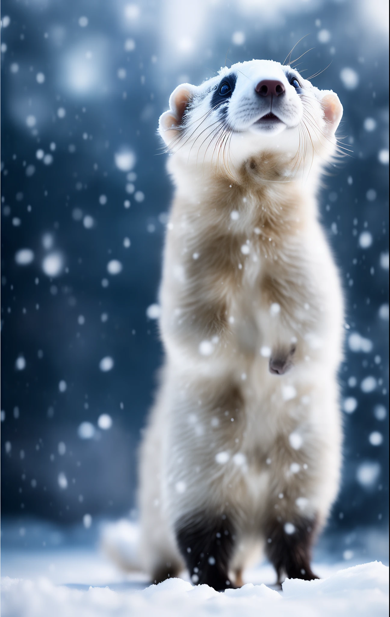 A white ferret stands on the snow,It's snowing, RAW photo, (8K、top-quality、tmasterpiece:1.2)、(intricately details:1.4)、(Photorealsitic:1.4)、Complex 3D Rendering Ultra Detail, vibrant detail, super detailing, Photorealsitic