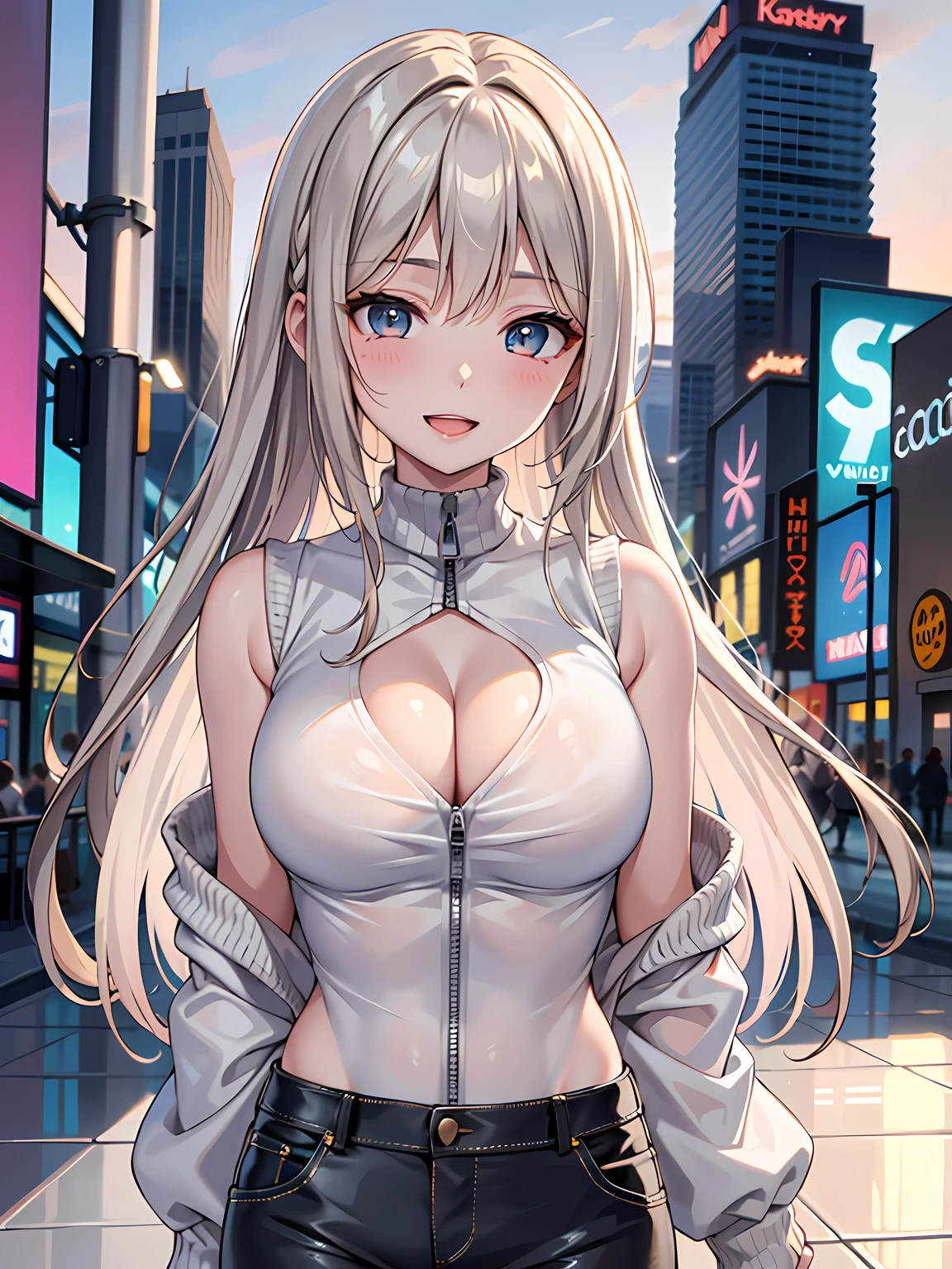 (1girl:1.3, solo), (Masterpiece, best quality, photorealistic, highres, photography, :1.3), ultra-detailed, sharp focus, professional photo, commercial photo, (upper body:1.3), (standing at downtow street), (((starring at the viewer:1.5))), (arms behind back:1.3), BREAK, 1girl, solo, milf, European girl, hot model, (attractive model:1.37), (promotional model:1.2), highly detailed eyes and pupils, realistic skin, (attractive body, large breast:1.25, cleavage, thin waist:1.15), medium-length thin hair, single braid hair, mahogany hair, extremely detailed hair, delicate sexy face, sensual gaze, shiny lips, BREAK, (light-grey zip-up Turtleneck sweater:1.3, sleeveless), (shorts:1.3), detailed clothes, BREAK, (outdoor, Times Square garden background, blurry background:1.25, simple background, no-human background, detailed background), (under sunset:1.37), BREAK, (attractive posing), ((realistic, super realistic, realism, realistic detail)), perfect anatomy, perfect proportion, bokeh, depth of field, hyper sharp image, (attractive emotion, seductive smile:1.2, happy:1.2, blush:1.2, :d:1.2, :p:1.2), 4fingers and thumb, perfect human hands, wind,