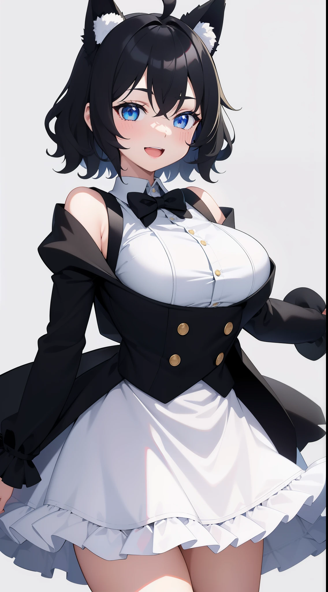 Upright, Arms at sides, Looking at Viewer, Simple background, 1girl in, Open mouth, Smile, Virtual Youtuber、girl with、、((Best Quality, high_resolution, Distinct_image)),(Black hair), (Black cat ears), (Ahoge), (absurdly short hair), (Wavy Hair), (Blue eyes),、A smile、large full breasts、
Front-facing