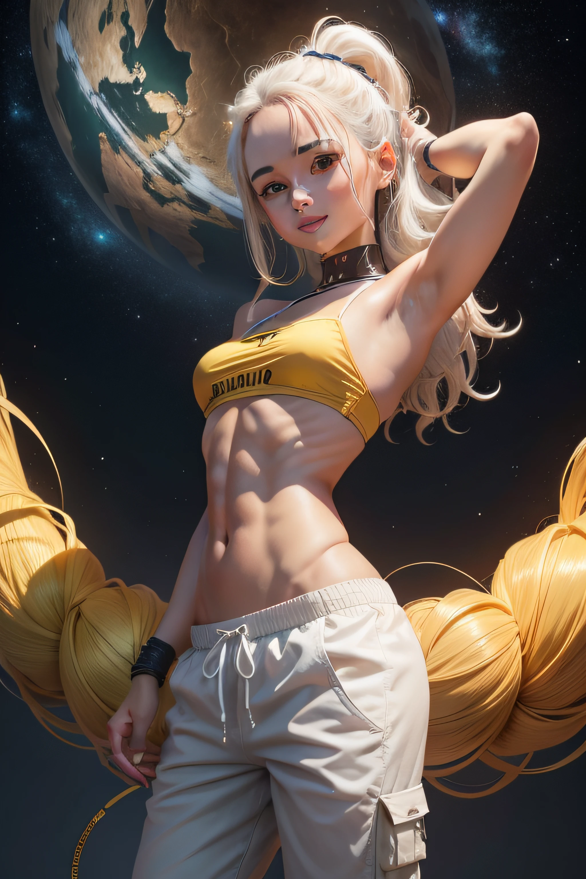 Fmajin, pele amarela, sozinho, cabelos amarelos, sorridente, MajEngrenagem, white baggy pants, cinto com a letra M, tampo do tubo, clivagem, Abs:0.4, outerspace, Estrelas, Meteoro, (insanamente detalhado, Rosto bonito e detalhado, master part, best quality)