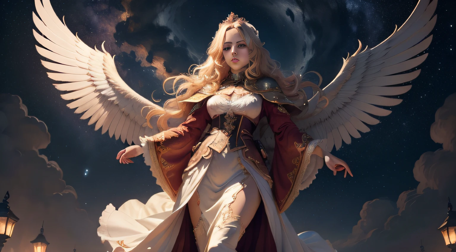 (8K, Ultra HD, extremely detailed) Full shot of beautiful woman with waist length blonde hair. Crown. Pale skin. Full clothes. Night sky. Majestic. Phoenix birds flying. Painted by Claude Monet.