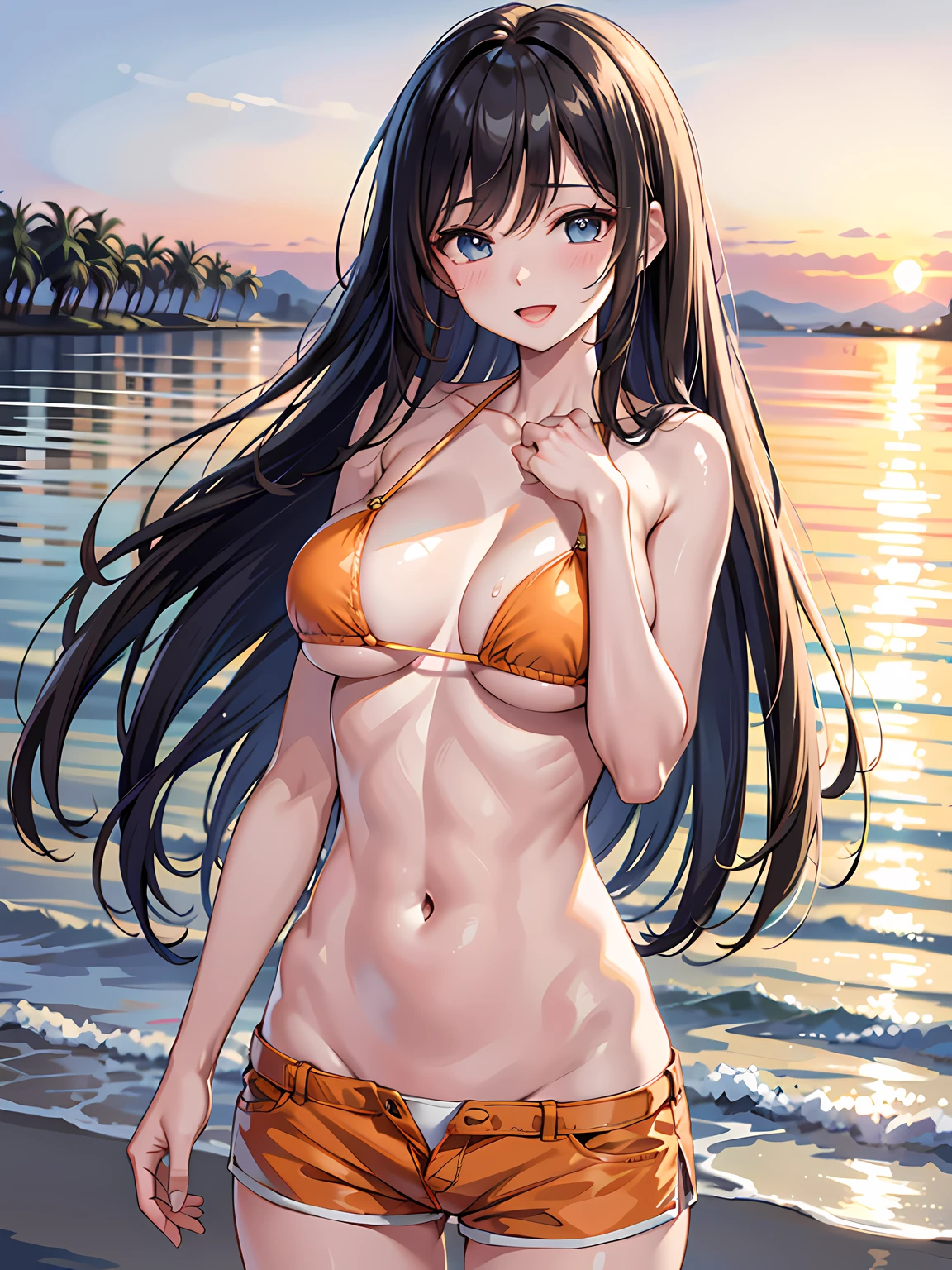 (1girl:1.3, solo), (Masterpiece, best quality, photorealistic, highres, photography, :1.3), ultra-detailed, sharp focus, professional photo, commercial photo, (upper body:1.3), (standing in water:1.3, at blue ocean), (((starring at the viewer:1.5))), (crossed arms:1.3, leaning forward:0.95), BREAK, 1girl, solo, milf, European girl, hot model, (attractive model:1.37), (promotional model:1.2), highly detailed eyes and pupils, realistic skin, (attractive body, large breast:1.25, thin waist:1.15), thin hair, single braid hair, shiny-black hair, extremely detailed hair, delicate sexy face, sensual gaze, shiny lips, BREAK, (orange bikini:1.3), (shorts:1.3), detailed clothes, BREAK, (outdoor, South California beach background, blurry background:1.25, simple background, no-human background, detailed background), (under sunset:1.37), BREAK, (attractive posing), ((realistic, super realistic, realism, realistic detail)), perfect anatomy, perfect proportion, bokeh, depth of field, hyper sharp image, (attractive emotion, seductive smile:1.2, happy:1.2, blush:1.2, :d:1.2, :p:1.2), 4fingers and thumb, perfect human hands, wind,