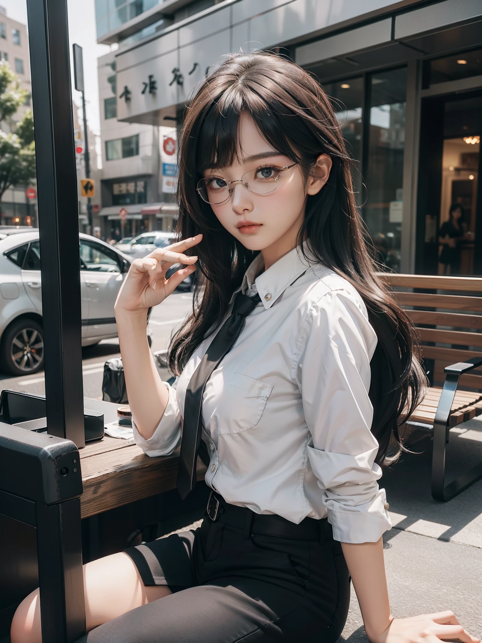 Realistic，3D Screen，8K screen，Lots of detail，Very real，The eyes are a little narrowed，The expression is a little tired，A young college student，Chinese women（Age 22 years old），Pure and cute，Wear round-rimmed glasses，Wear a white shirt and buttons，With a tie， dark blazer jacket，black long pants，（Medium breasts），Waiting for friends outdoors in public，There was a cup of coffee next to it，Comes with a laptop，Immature breasts，Long black hair，（Bangs cover the left half of the forehead），Mature and stable personality，Looks mature and quiet，Clear and quiet state，The picture is smooth and not tilted，The left and right hands have 5 fingers