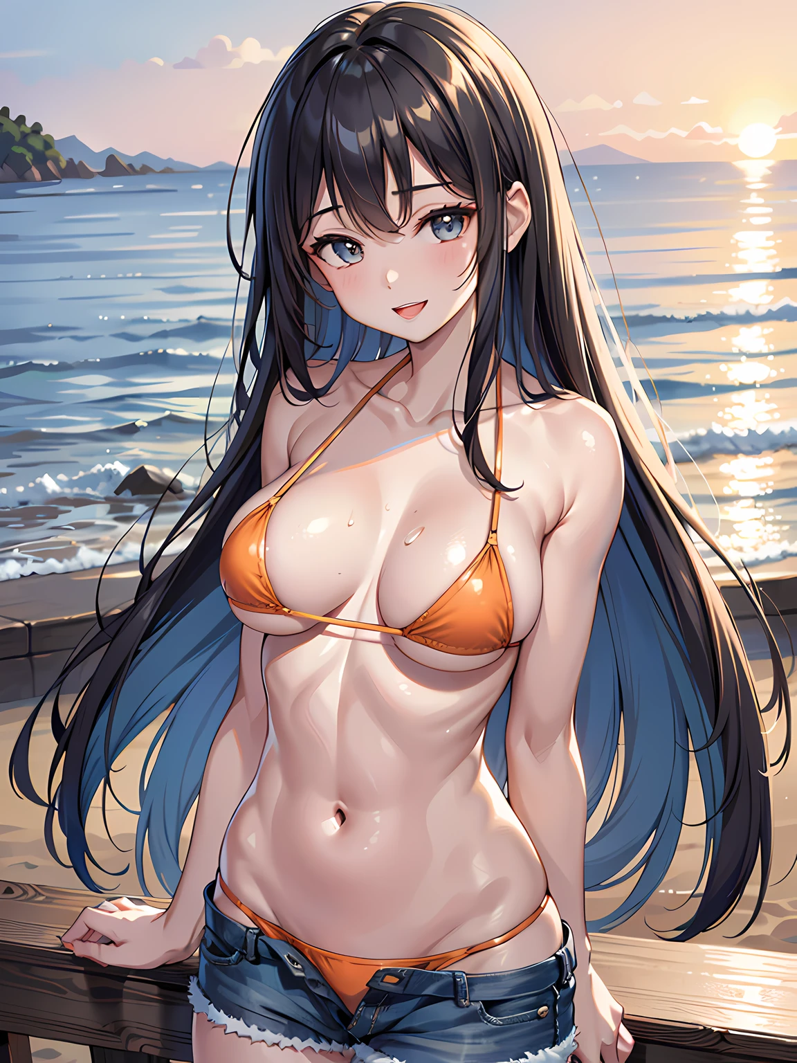 (1girl:1.3, solo), (Masterpiece, best quality, photorealistic, highres, photography, :1.3), ultra-detailed, sharp focus, professional photo, commercial photo, (upper body:1.3), (standing in water:1.3, at blue ocean), (((starring at the viewer:1.5))), (crossed arms:1.3, leaning forward:0.95), BREAK, 1girl, solo, milf, European girl, hot model, (attractive model:1.37), (promotional model:1.2), highly detailed eyes and pupils, realistic skin, (attractive body, large breast:1.25, thin waist:1.15), thin hair, single braid hair, shiny-black hair, extremely detailed hair, delicate sexy face, sensual gaze, shiny lips, BREAK, (orange bikini:1.3), (shorts:1.3), detailed clothes, BREAK, (outdoor, South California beach background, blurry background:1.25, simple background, no-human background, detailed background), (under sunset:1.37), BREAK, (attractive posing), ((realistic, super realistic, realism, realistic detail)), perfect anatomy, perfect proportion, bokeh, depth of field, hyper sharp image, (attractive emotion, seductive smile:1.2, happy:1.2, blush:1.2, :d:1.2, :p:1.2), 4fingers and thumb, perfect human hands, wind,