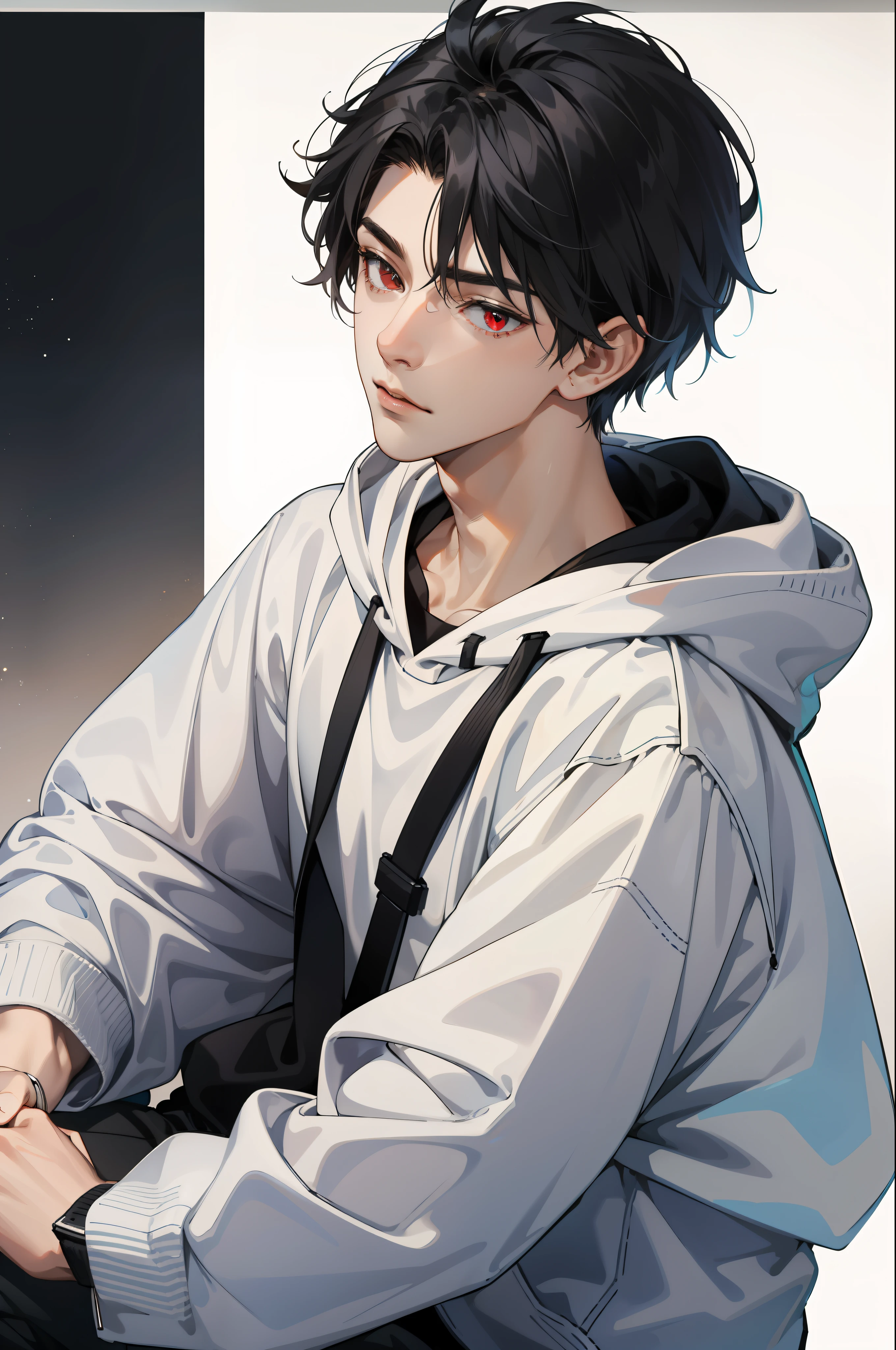 a young man in his mid-16s with white skin, red eyes, black hair,double bangs wearing a hoodie