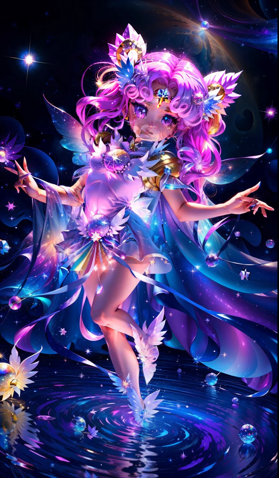 uma imagem de desenho animado de uma mulher em um vestido rosa voando pelo ar, fada astral, space flower fairy, Star Guardian Inspirado, Mago Celestial Lindo, lunar themed attire, sparkling magical girl, star guardians, Roupas de bruxa astral, magical fairy floating in space, magical shiny skin, Aura Celestial, Deusa Celestial, cosmic girl, Splash Art Brawlstars, astral ethereal