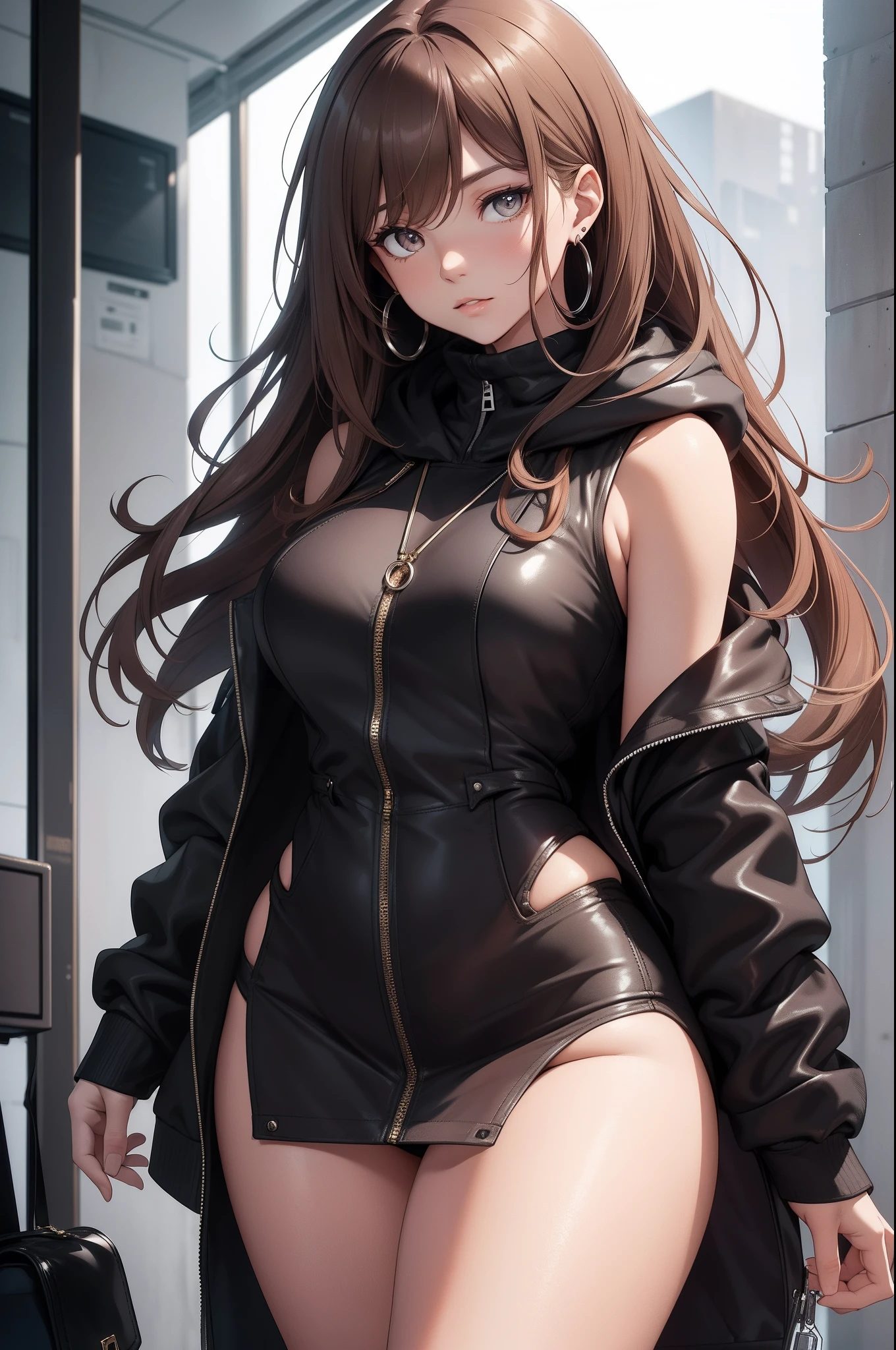 (masterpiece, best quality, photorealistic, cinematic, ultra-detailed), wide shot, full body, perfect anatomy, perfect eyes, perfect hands, large breasts, long round legs, ((1 voluptuous girl)), ((nude)), ((wearing a sleek, charcoal-gray hooded jacket that falls to mid-thigh, the jacket is made from a blend of high-tech waterproof fabric and soft faux leather, the hood is lined with a contrasting deep maroon velvet material, adding a touch of luxury, the jacket has minimalistic silver zipper details and slim, angular pockets on the sides)), ((wearing a see-through sleeveless shirt)), the model's hair is styled in loose, tousled waves that cascade down her shoulders and back, her hair color is warm chestnut brown with subtle caramel highlights, the wind gently ruffles her hair, giving a natural and effortless look, around her neck, she wears a delicate silver pendant necklace with a small amethyst gemstone, on her wrist, she has a slim maroon leather bracelet that complements the jacket's hood lining, her ears feature small silver hoop earrings that catch the light, a minimalist black leather crossbody bag hangs casually from her shoulder, showcasing a modern and functional accessory, the scene is set within an artist's studio, with muted lighting that casts gentle, diffused shadows on the backdrop. a subtle palette of earthy tones enhances the ambiance, drawing attention to the model's attire and demeanor