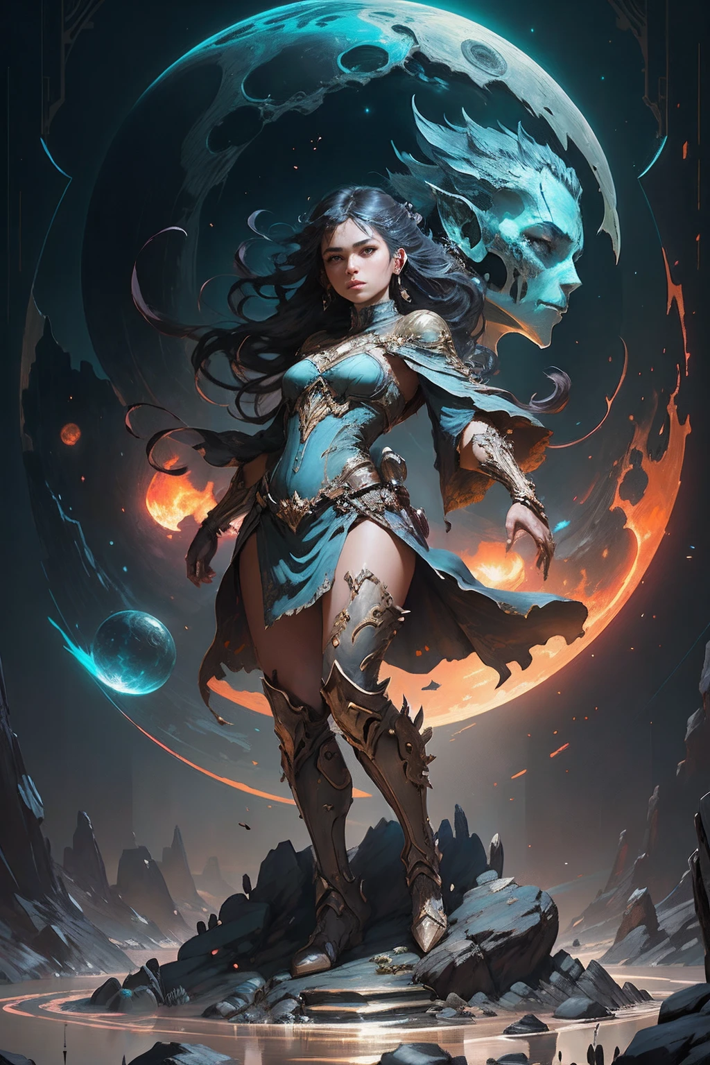 Portrait of a girl standing on a marvelous stone, standing gitl:1.2, (Low contrast ), colorfantasystyle, Oil painting on matte canvas, sharp detailed, the expanse scifi spacescape ceres colony, Intricate, Highly detailed, Digital painting, plethora of colors, smooth, Sharp focus, illustration, Unreal Engine 5, 8K, art by artgerm and greg rutkowski and alphonse mucha , art by midjourney