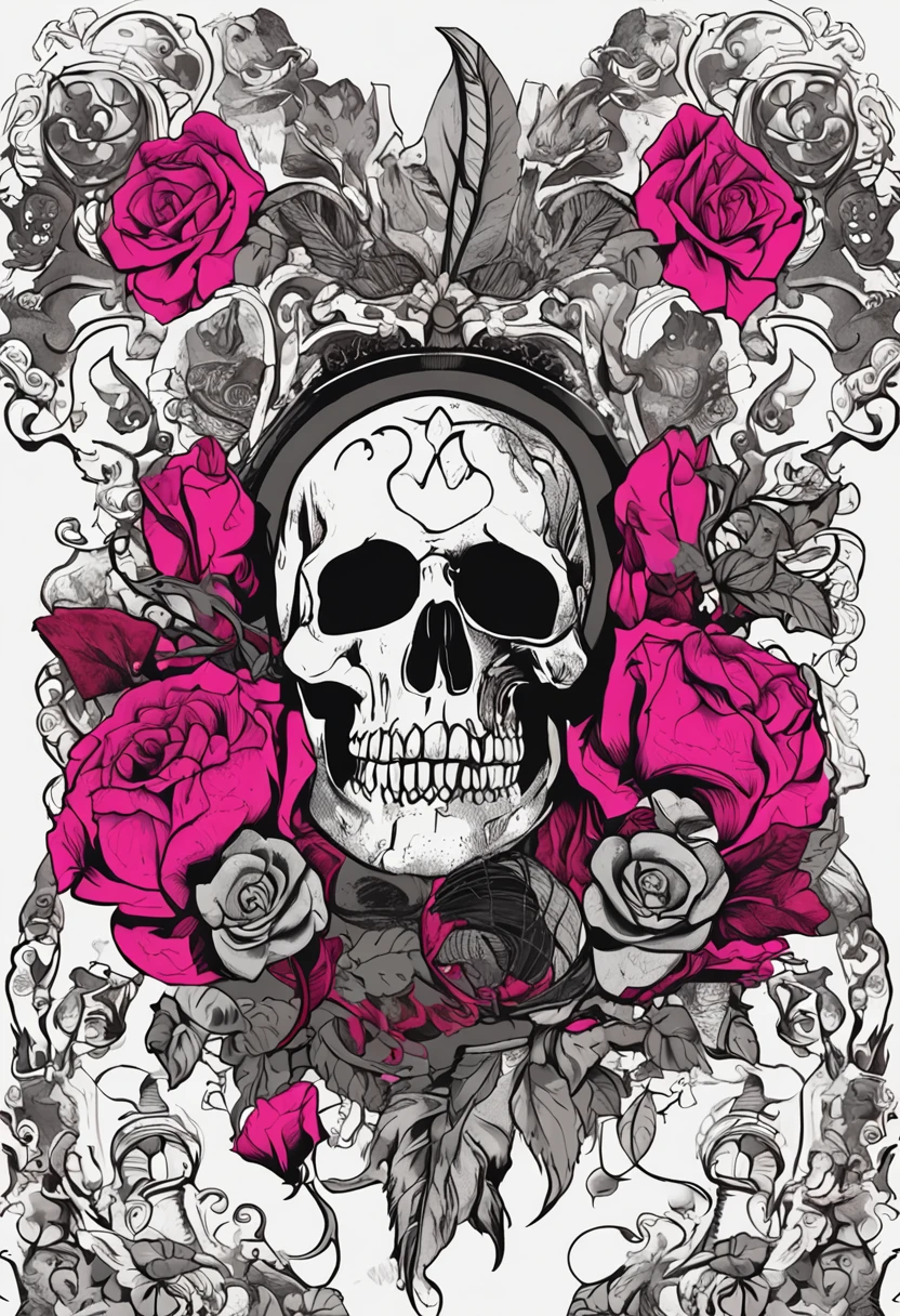 scorpio , EXCELENTE ARTE ,uma caveira com rosas do lado em volta arame farpado ,fundo PRETO ,profissional DESIGN rock and roll , ,ESTAMPA DE CAMISETA DESIGN,sem texto ,Arte