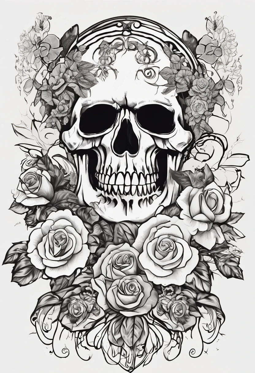 scorpio , EXCELENTE ARTE ,uma caveira com rosas do lado em volta arame farpado ,fundo PRETO ,profissional DESIGN rock and roll , ,ESTAMPA DE CAMISETA DESIGN,sem texto ,Arte