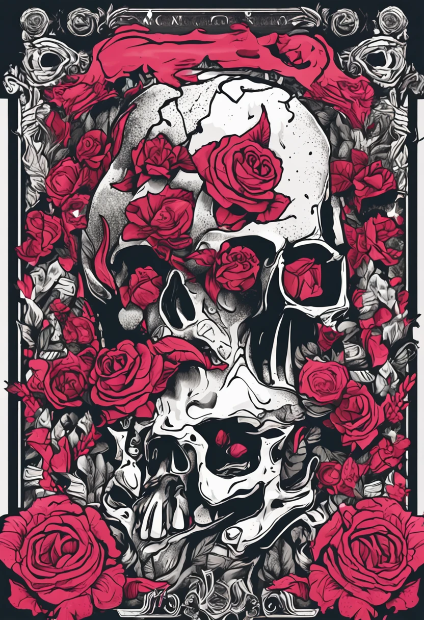 4K highest image, highest quality image showcasing a highly intricate and decorative pattern in vibrant pink against a solid black background. The design features symmetrical swirls, floral motifs, heart shapes, and a central skull, arranged in a complex yet harmonious layout. Various elements such as leaves, flowers, butterflies, and skull motifs are interwoven throughout the pattern, creating a rich tapestry of ornate details. At the center, a prominent heart shape is filled with smaller swirling designs and a skull, surrounded by flowers and leaves that radiate outward. The repeating nature of the pattern suggests it could be used as wallpaper, fabric, or for other decorative purposes. The contrast between the bright pink and the black background enhances the visual impact, making the intricate details, including the skull, stand out vividly.