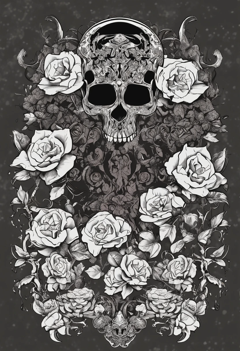 scorpio , EXCELENTE ARTE ,uma caveira com rosas do lado em volta arame farpado ,fundo PRETO ,profissional DESIGN rock and roll , ,ESTAMPA DE CAMISETA DESIGN,sem texto ,Arte