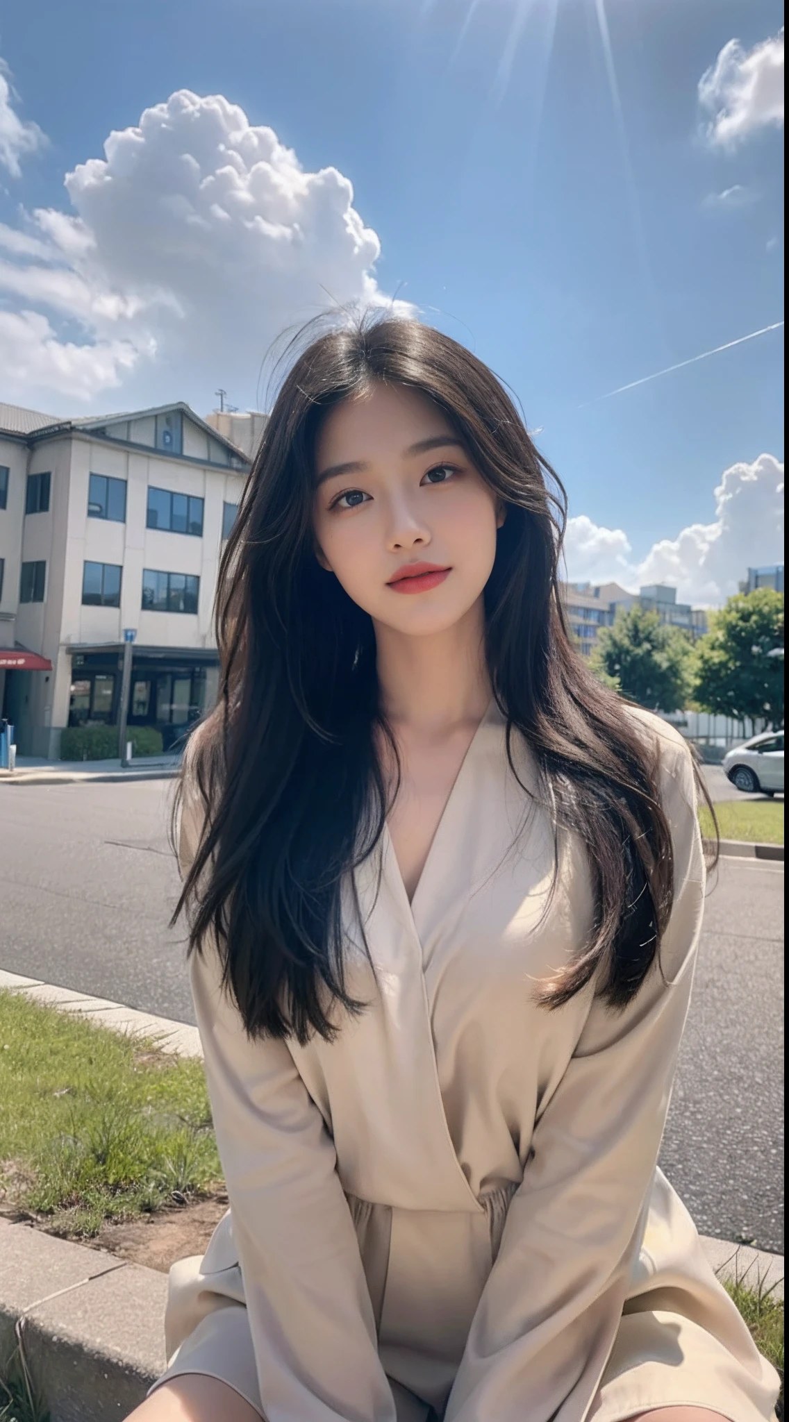 ((Best Quality, 8K, Masterpiece:1.3)), A beautiful girl, pure, melon face, gentle and cute, sweet smile, pure desire, thin figure, (frontal), (tilted head), looking directly at the camera, uniform, obi, formal, black silky long straight hair, long hair flowing over the shoulders, round black big eyes, clear big eyes, moist red lips, sweet, sitting on the side of the road, blue sky and white clouds, grass, buildings,