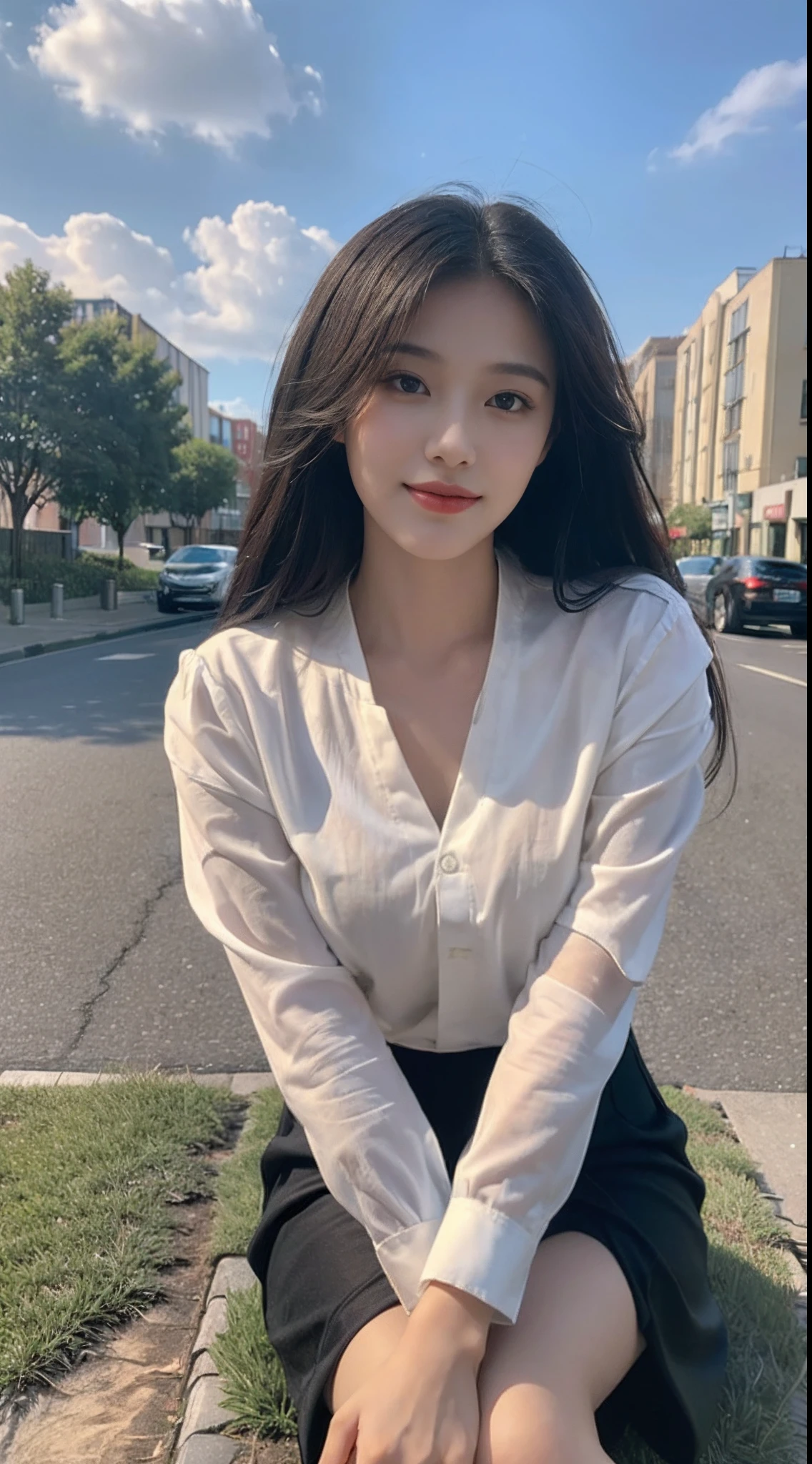 Raw, 1girl, Pure faces, Solitary, rich and colorful, (masterpiece, best quality: 1.3), (absurd: 1.3), (Practical:1.3), (Delicate skin: 1.3, Delicate face: 1.3), permanent, Pretty Face, 漂亮的Eye, 详细的Eye特征, Perfect makeup, looking at the audience, Clear focus, Beautifully, (Pretty and cute_girl:1.3), curved, (Large Breasts: 1.1, Thick thighs: 1.2, ), Long eyelashes, (shiny skin), A faint smile, (Black_Double tail:1.3), (Large target_Eye:1.2, Brown_Eye), (Brown_Gloss_Eyehadow:1.2), pink_Lips, White ruffled shirt, Black pleated skirt ,(Black_Pantyhose), willow, Bench, garden, Green grass, Small lake, (Clear skies:1.3), (Sunlight: 0.5), (Complete five fingers: 1.2)
