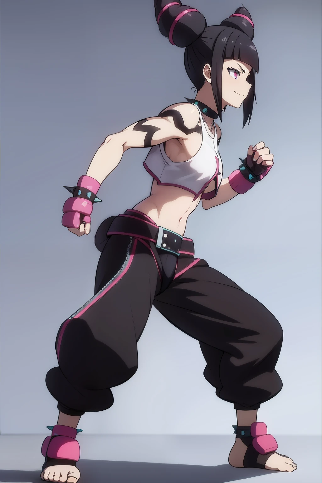 masterpiece, best quality, highres, foujuri, baggy pants, black pants, panties, standing, cowboy shot, evil grin, fighting stance,