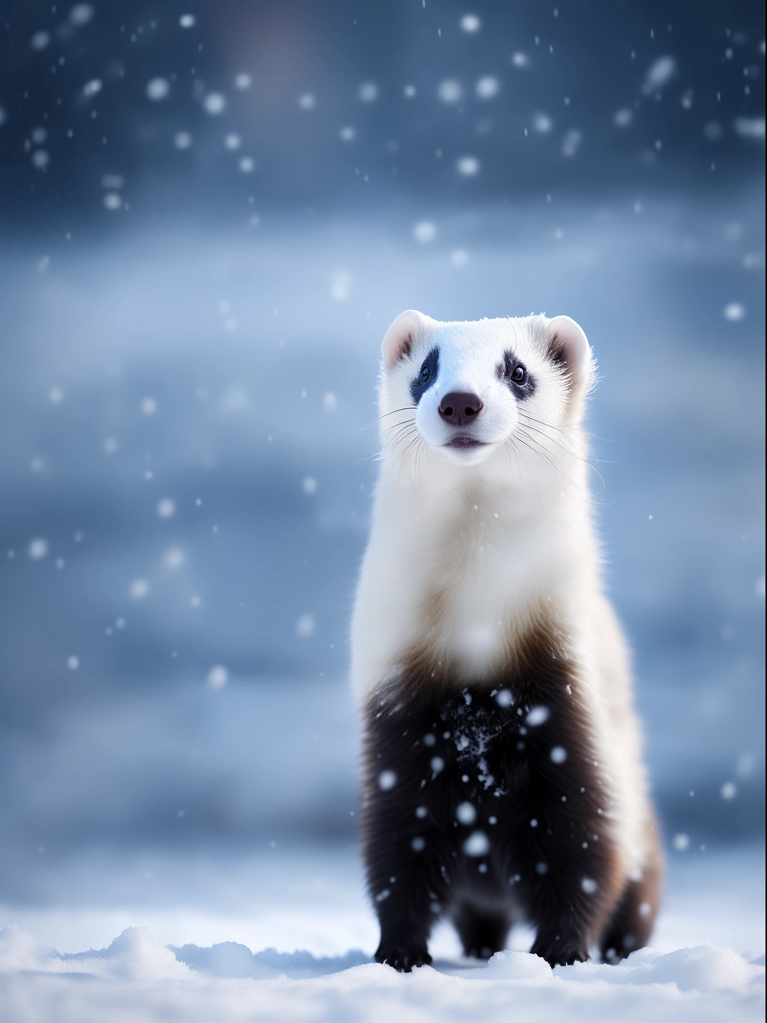 A white ferret stands on the snow，It's snowing， RAW photo, (8K、top-quality、tmasterpiece:1.2)、(intricately details:1.4)、(Photorealsitic:1.4)、Complex 3D Rendering Ultra Detail, vibrant detail, super detailing, Photorealsitic