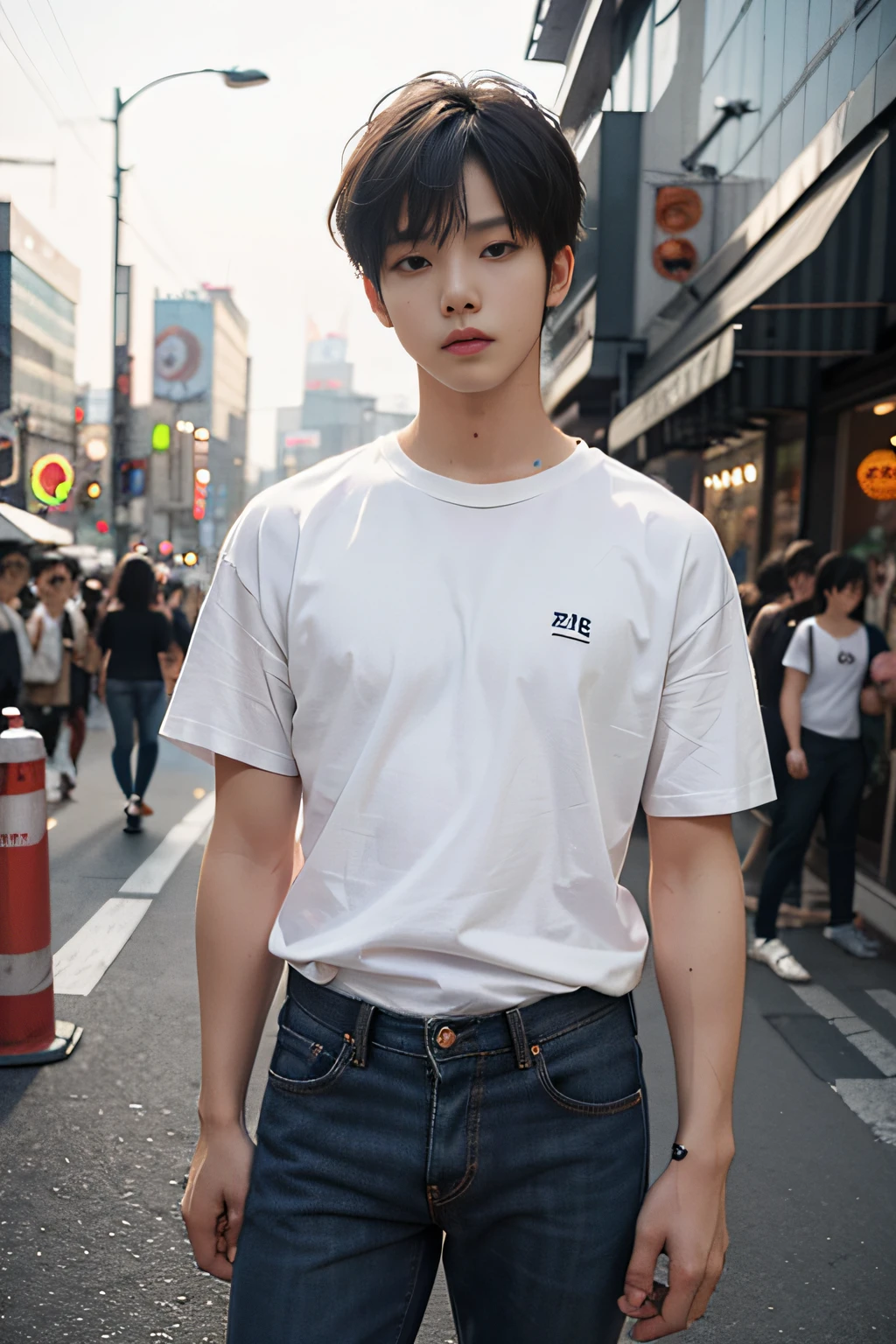 (masterpiece、top-quality、top-quality、raw、A hyper-realistic)、Urban cityscape、Shibuya cityscape、a handsome、s、(((Korean in his 20s with idol face)))、A slender、(((Please wear a plain white long-sleeved T-shirt all over your body.)))、((whole body visible))、(standing straight ahead)、Wearing jeans、ighly detailed、colourfull、highestdetailed