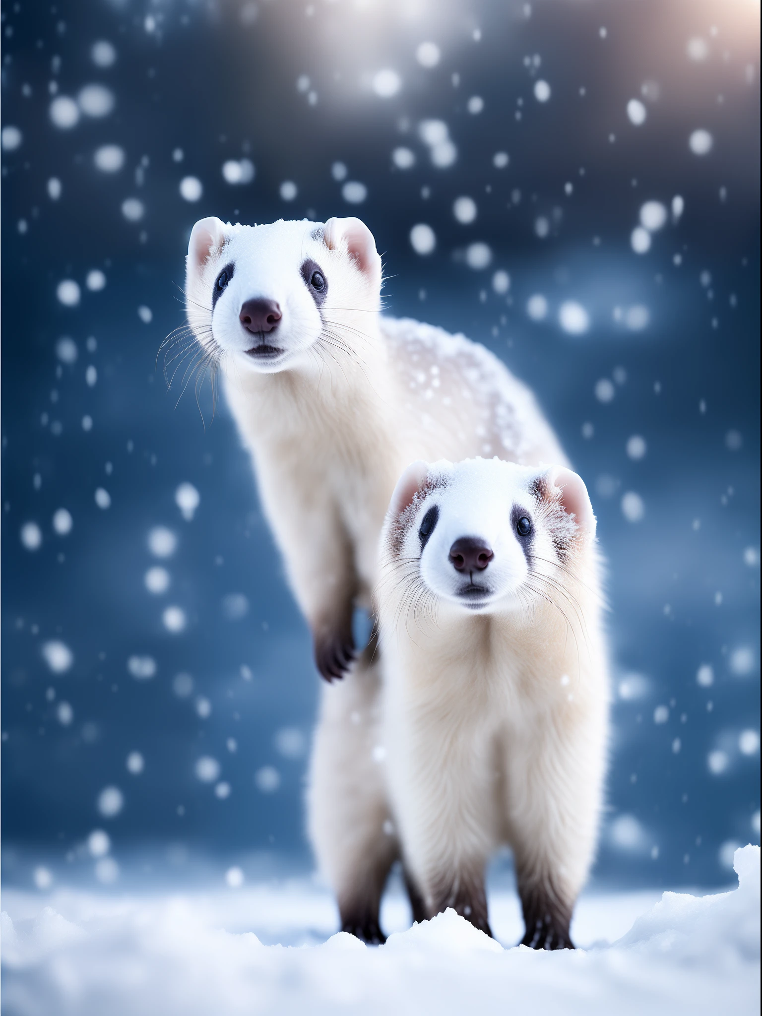 A white ferret stands on the snow，It's snowing， RAW photo, (8K、top-quality、tmasterpiece:1.2)、(intricately details:1.4)、(Photorealsitic:1.4)、Complex 3D Rendering Ultra Detail, vibrant detail, super detailing, Photorealsitic