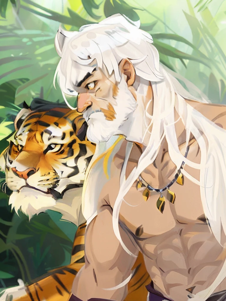 There is a painting of a man and a tiger in the jungle, ((Tiger)), Tiger_beast, king of the jungle, of anthro leopard warlock, made with anime painter studio, jazza and rossdraws, white haired Cangcang, Anthropomorphic tiger, Detailed fanart, colored sketch, in jungle, in jungle, In the jungle, Digital anime illustration