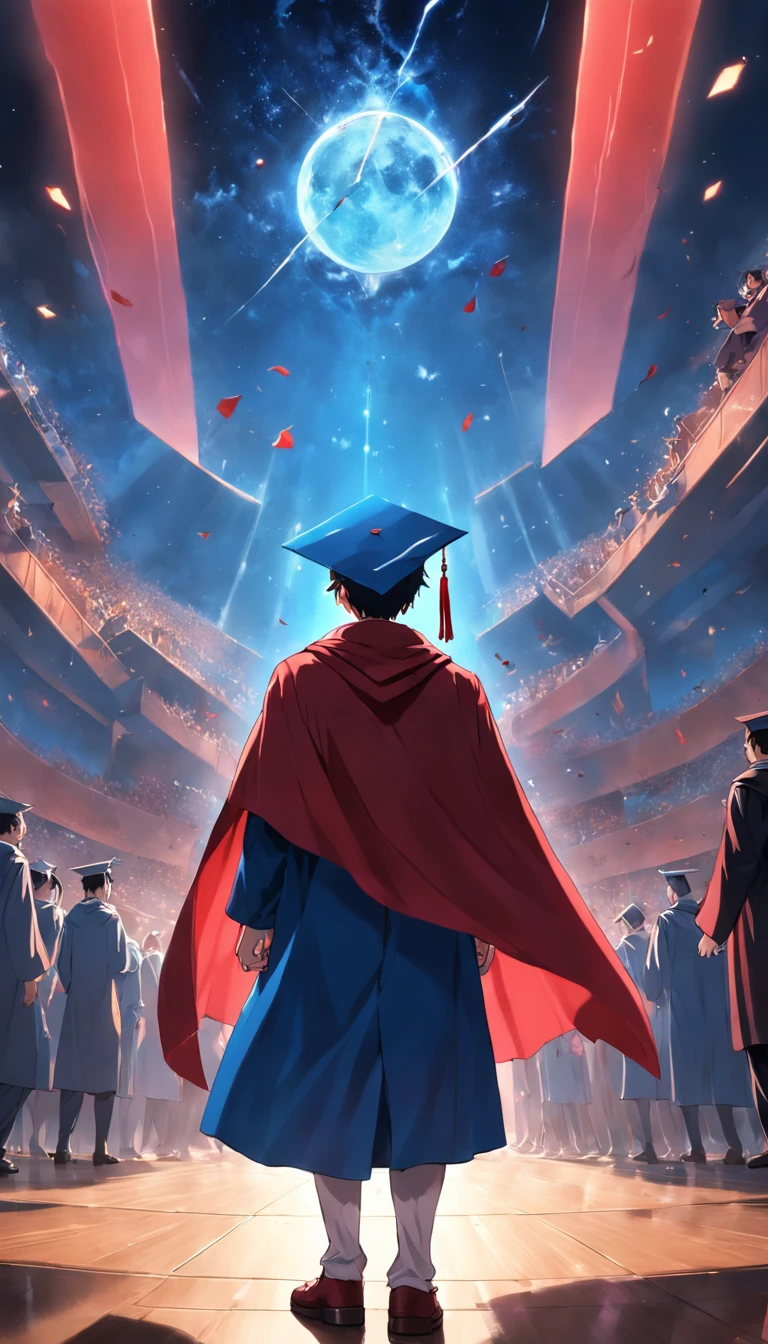 Male back blue clothes red cape with classmates graduation cap ultra-wide angle