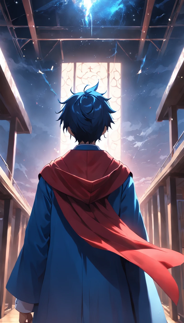 Male back blue clothes red cape with classmates graduation cap ultra-wide angle