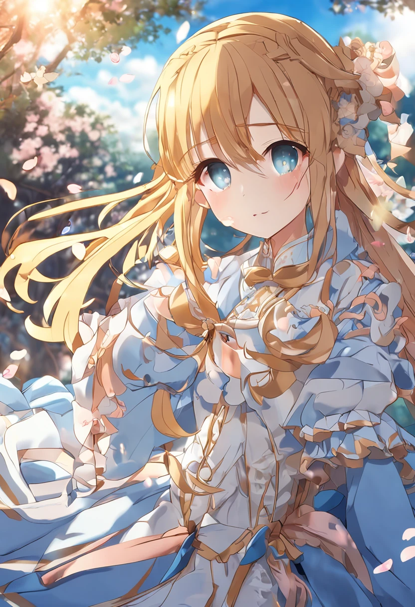 (cabellos largos dorados+Anime girl in blue dress)Show on the(falling flower petals)antigo, (anime visual of a cute girl), (anime style like fate), (kyoto animation still), (Alicization), (asuna yuuki), (in style of kyoto animation), (Long hair for blonde anime girl), (anime best girls), (Asuna Sasa), (Anime style 4k), (sword art online)